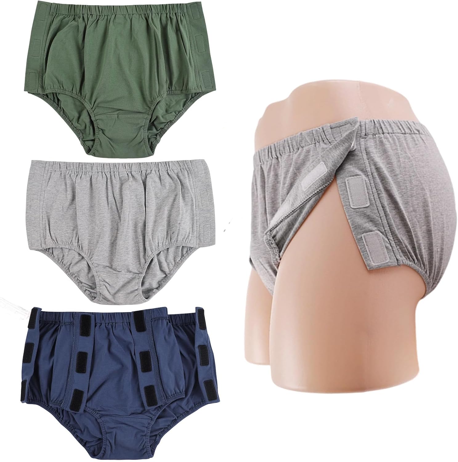 Tear Away Underwear for Men, Reusable Post Surgery Briefs with Snap Closures, Disabled Adaptive Stick-On Underwear (Green/Blue/Grey, Large)