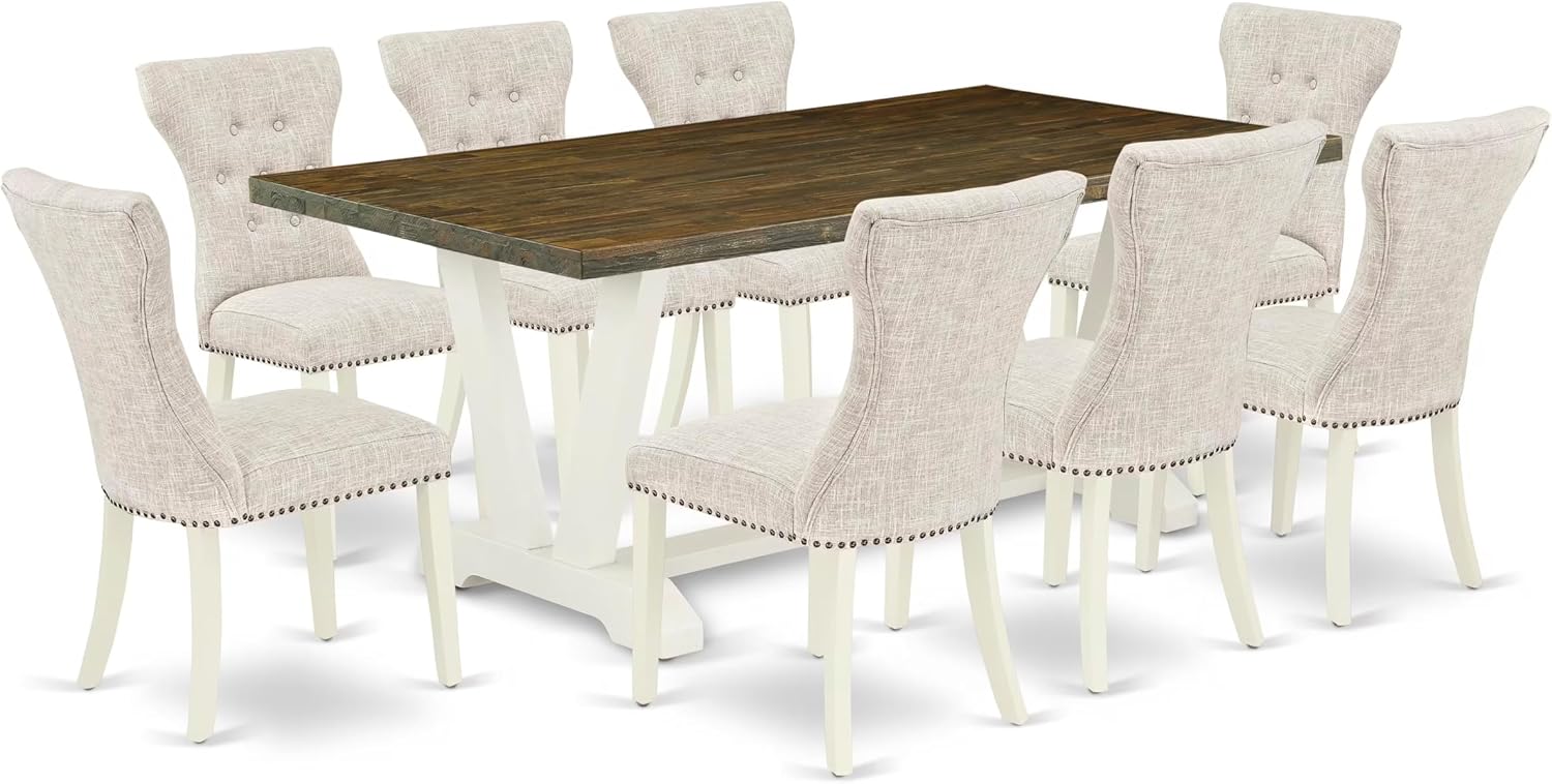 East West Furniture V077GA235-9 9 Piece Kitchen Table Set Includes a Rectangle Dining Table with V-Legs and 8 Doeskin Linen Fabric Parsons Dining Chairs, 40x72 Inch, Multi-Color