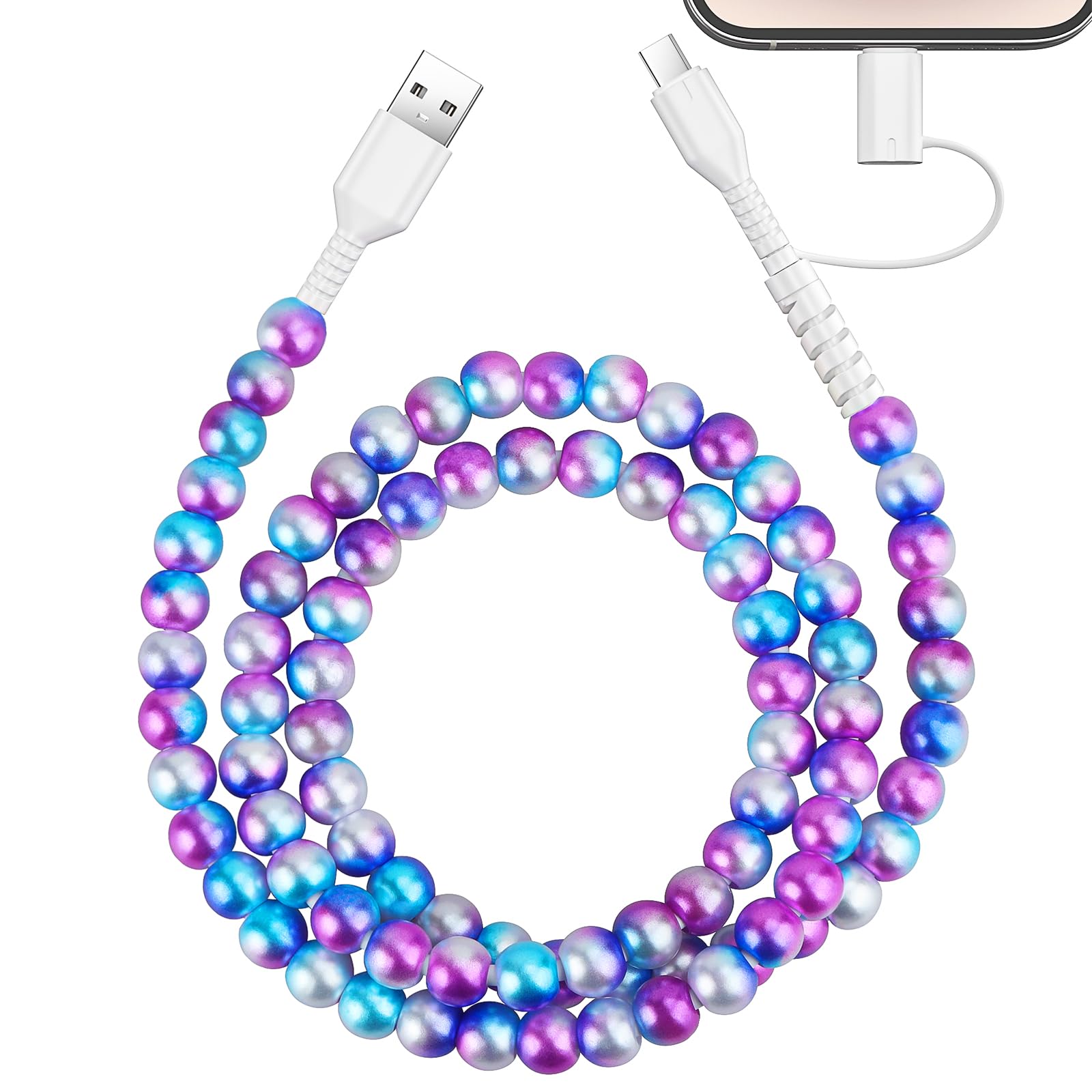 VOFUOE USB C Cable for iPhone 17 Charging Cord MFi Certified 2 in 1 Multi Charging Cable Beads Charging Cord 3.3FT Girls Fast Charging for iPhone 16