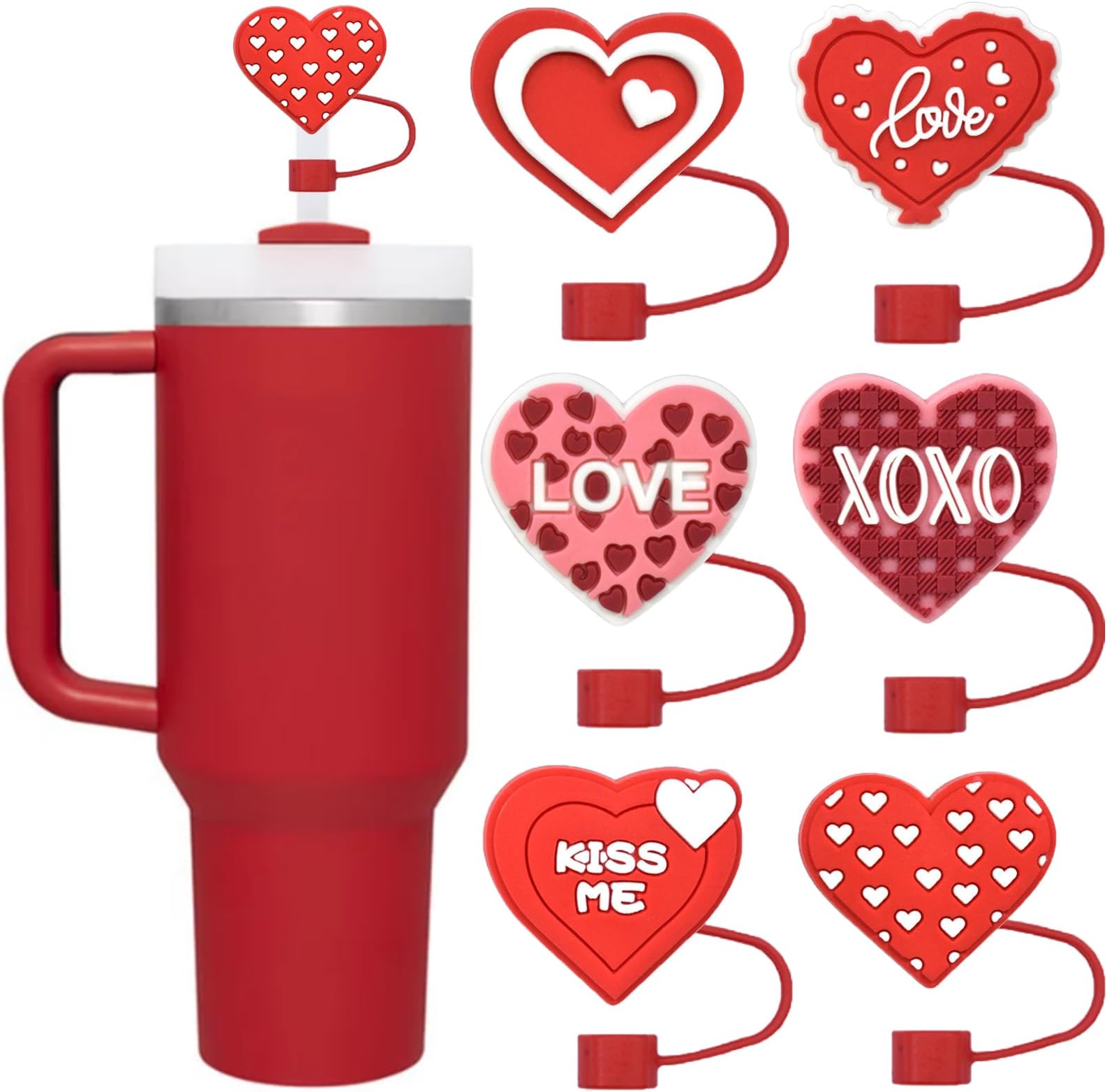 6PCS Heart Shape Straw Cover Cap Valentine's Day Straw Toppers 10mm Silicone Straw Tip Cover Compatible with Stanley 30&40 Oz Tumbler Reusable Stanley Cup Accessories Decor Gifts for Kids Party Favors