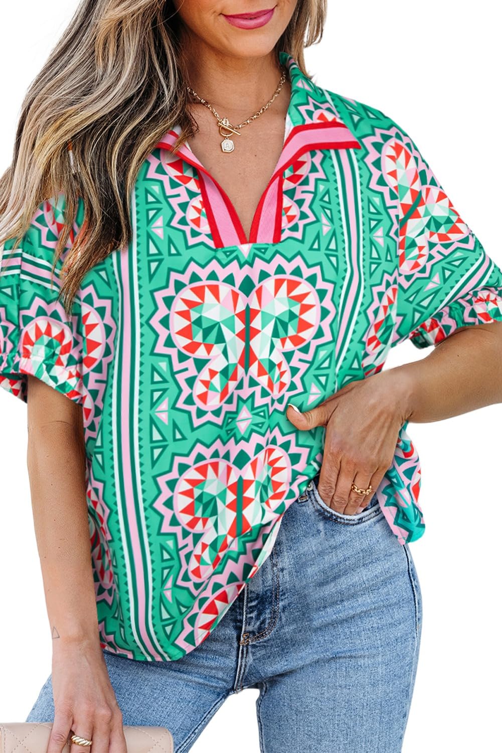 Apvirdy Womens Boho Abstract Print Blouse Fashion Contrast Striped Loose Collared V Neck Casual Shirt Blouse