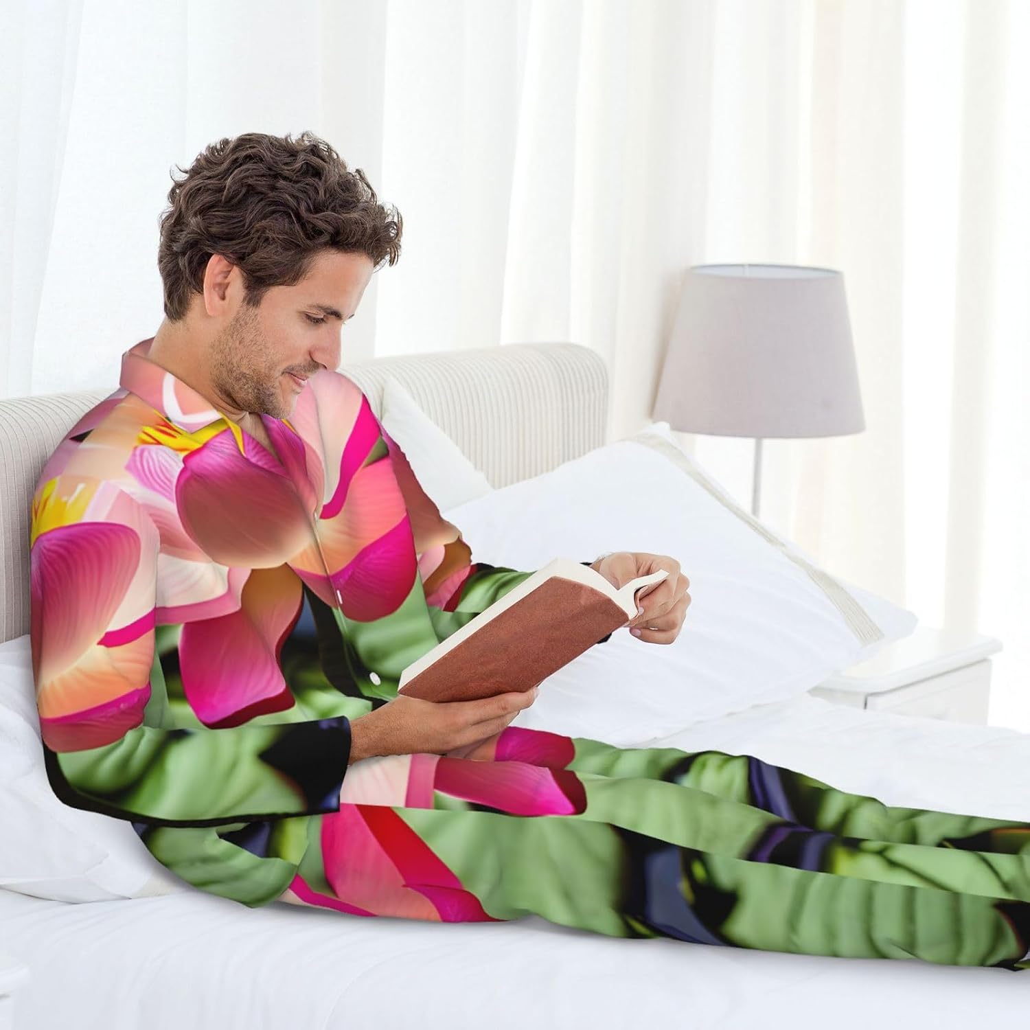 Lotus Flower Print Luxurious Mens Pajamas Set,Breathable Pajamas Set,Perfect For Lounging Bed,Sofa