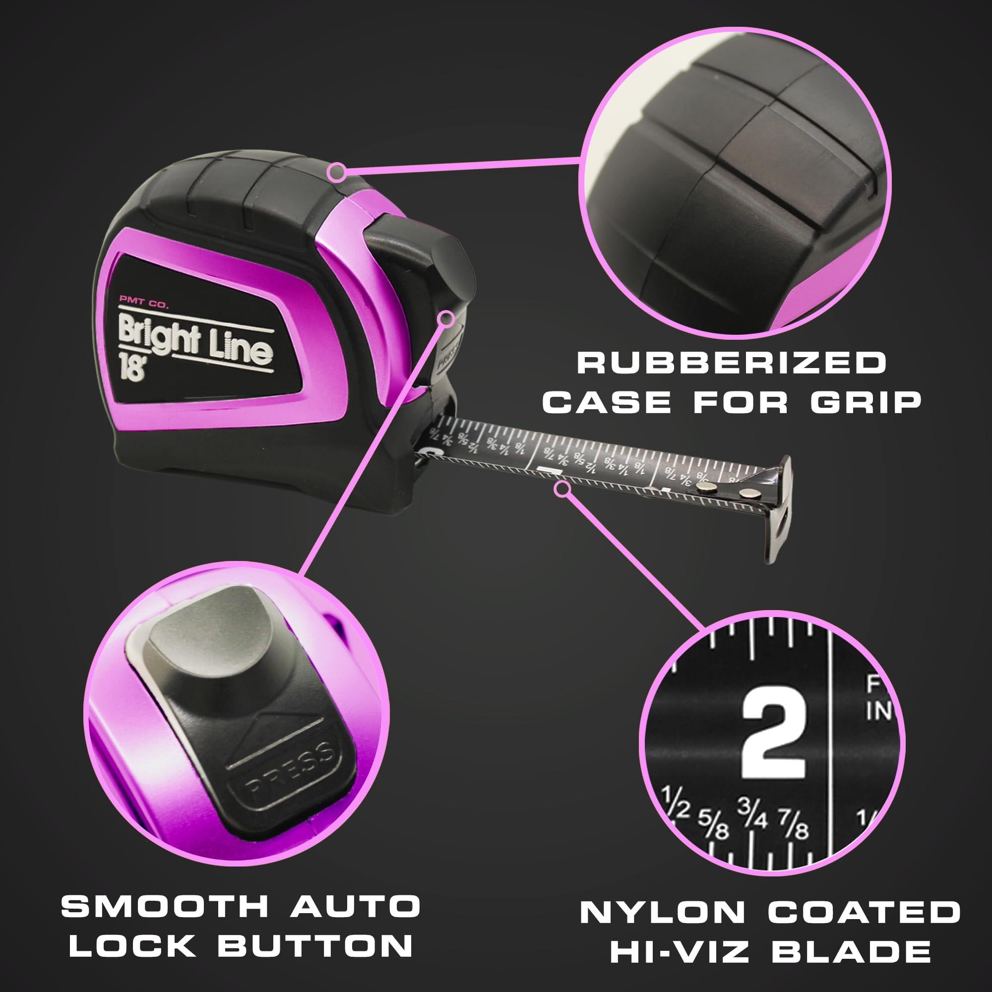 Perfect Measuring Tape - Cinta métrica EasyRead de alto contraste Pink BrightLine para poca luz (modo oscuro) - Funda de goma de 18 pies (fracciones en pulgadas) Cinta métrica retráctil de doble cara