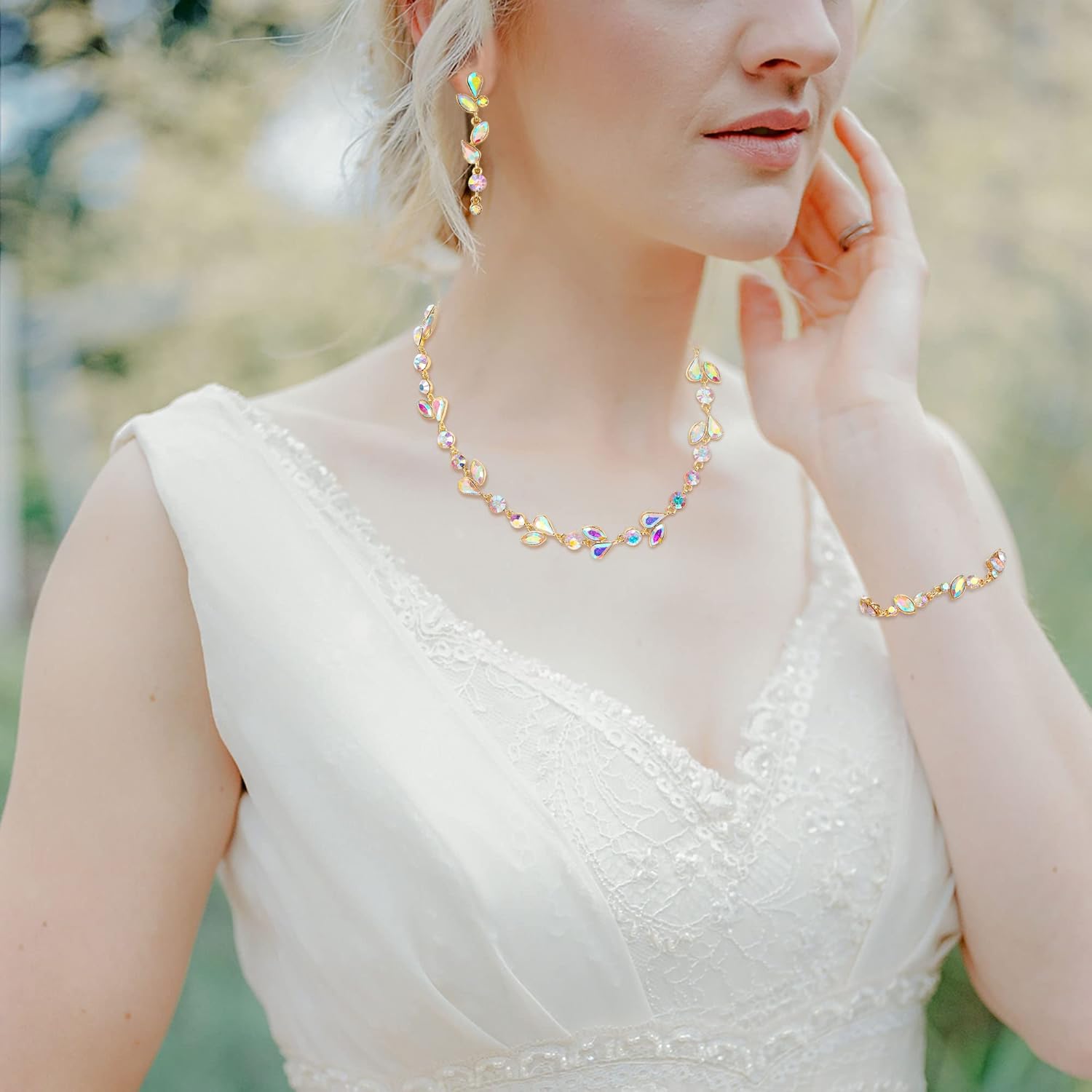 EVER FAITH Crystal Bridal Bridesmaid Jewelry Sets, Elegant Marquise Round-Shaped Rhinestone Leaf Necklace Dangle Earrings Tennis Bracelet Set for Women - Image 2