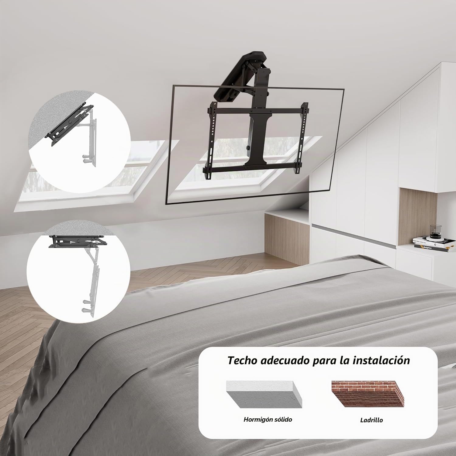 Soporte TV Techo motorizado, Ajuste de ángulo de 0 a 85° Soporte motorizado para TV de 32 a 70 Pulgadas, Control Manual y Remoto, Capacidad de Carga de 45 kg, VESA máx 600 x 400 (32-70 Inch White)