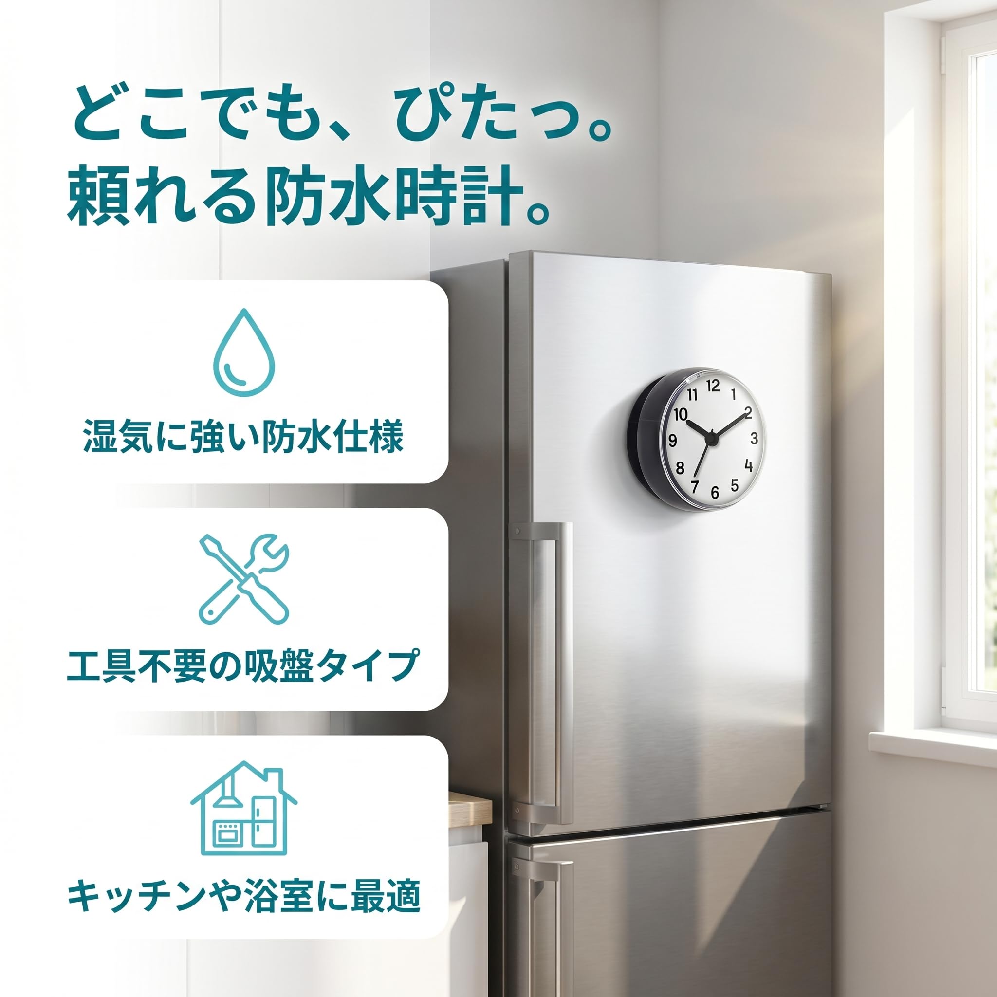 Ｐｅｒｆｋ 防水バスルーム時計 小型 吸盤付き 壁掛け時計 おしゃれ トイレ ホテル バスルーム用品 お風呂用 キッチン用 家庭用 タイル壁吸盤 浴室時計 寝室 クリエイティブ シンプル 個性的 インテリア ブラックグレー 吸盤時計 黒針 直径 7cm, ブラックグレー