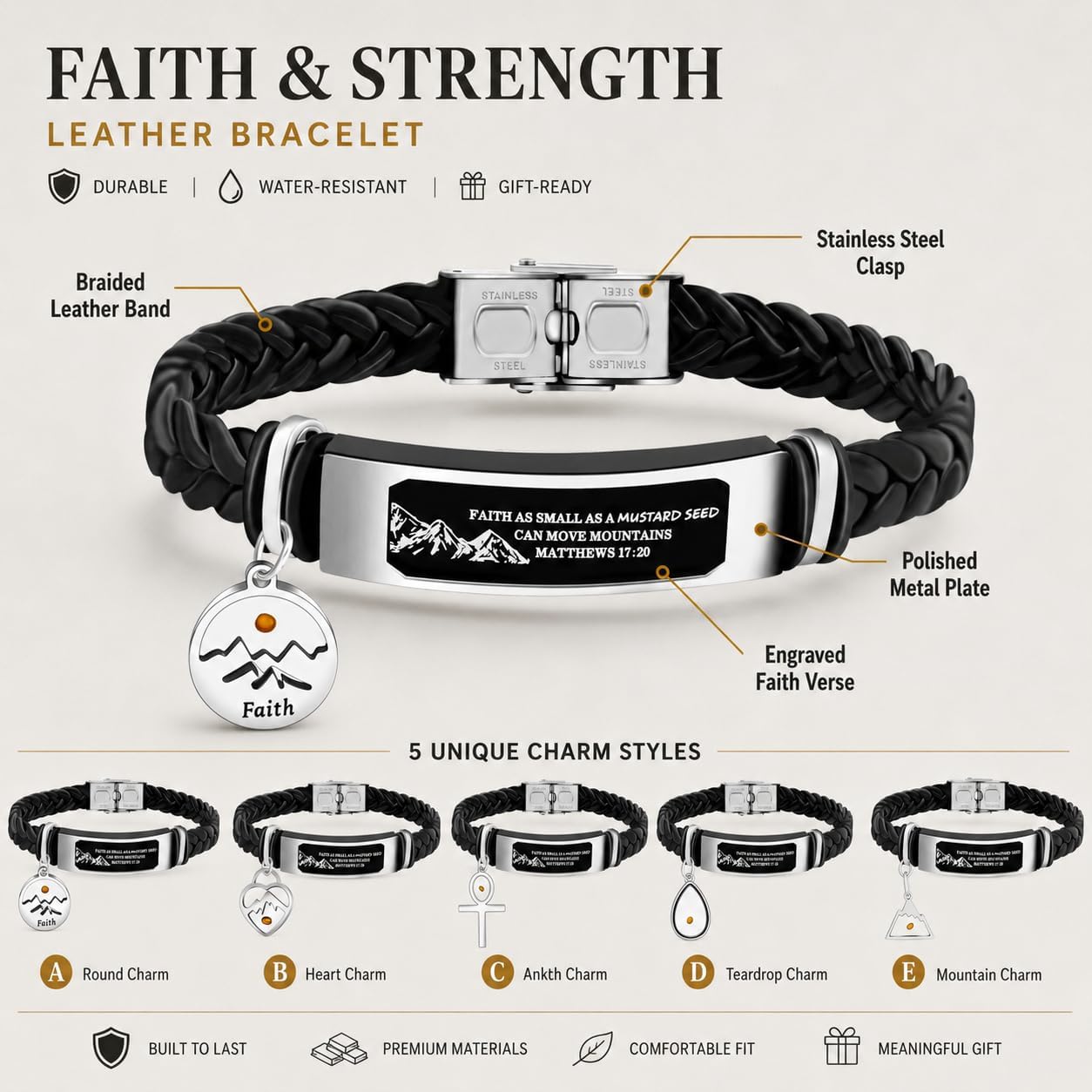 Uloveido Leather Wristbands Bracelet Faith Small AS A Mustard Seed Can Move Mountains Matthew 17:20
