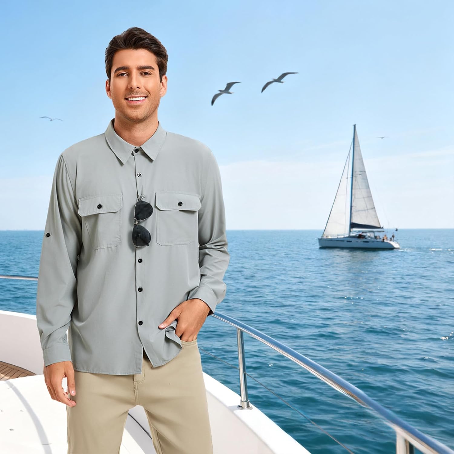 Men's UPF 50+ Sun Protection Fishing Shirts Long Sleeve Quick Dry Cooling Hiking Safari Button Down Shirt Roll Up Sleeve - Image 3