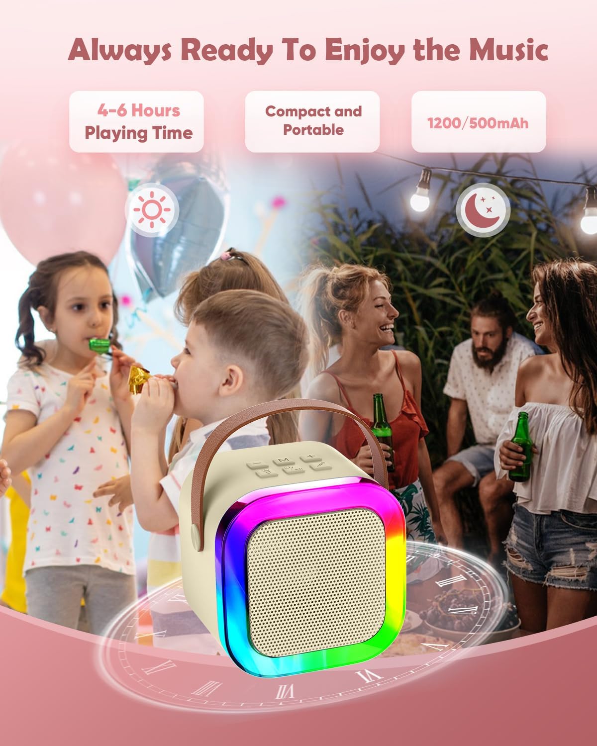 Mini Karaoke Machine Speaker for Kids, Toys for Girls Boys Friends Age 3-12+, Birthday Gifts Portable Bluetooth Speaker with Wireless Mics for 5 6 7 8 9 10 11 Years Teens Girl Boys, Beige - Image 5