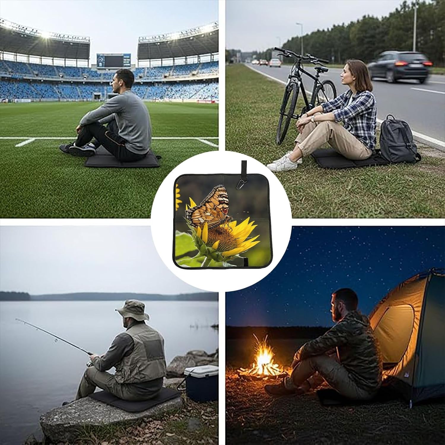 (Sunflower Butterfly) Sitting Pad Foldable Seat Cushion Lightweight Camping Seat Mat with Hook for Outdoor Hiking Picnic Camping