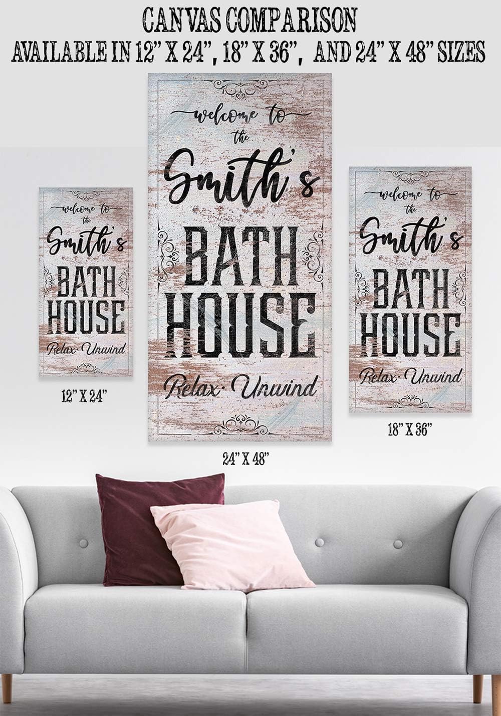 Personalized Bath House Print - Classic Farmhouse Bathroom Wall Decor, Customized Print with Family Name, Great Housewarming Gift, Rustic Metal Sign Style Stretched Vertical Canvas Print 12x24