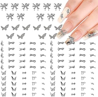 WOKOTO 120 Pcs 12 Styles 3D Silver Butterfly And Bow Nail Charms Butterfly Nail Gems And Charms For Acrylic Nails Butterfly Bow Charms For Nail Art Design Charms Jewelry Nail Alloy Studs Jewels