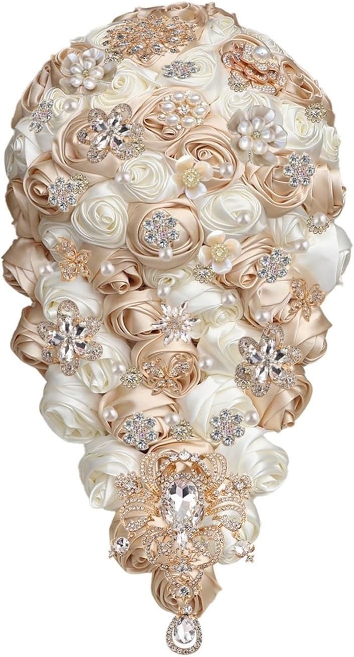 Handmade Satin Rose Drop Bridal Bouquet Luxury Cascading Bride Wedding Throw Bouquet Jewelry Proposal Bridesmaid Bouquet Groom Corsage Bride Wrist Flower Ivory White(Milk Camel Yellow Black)