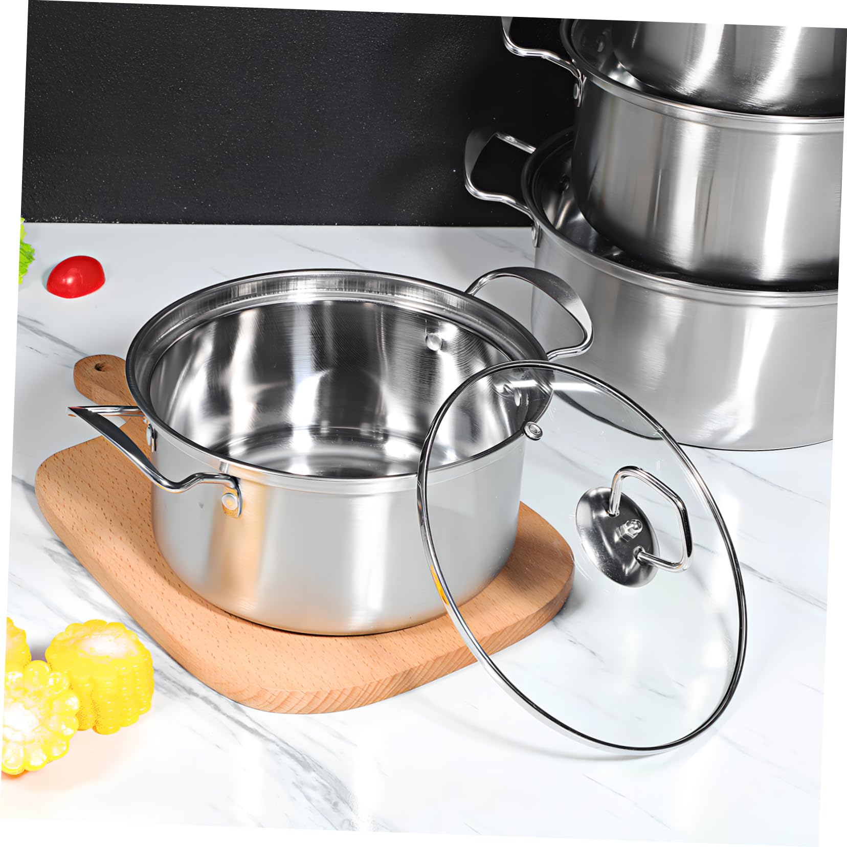Amosfun 5sets Pentole Acciaio con Doppi Manici e Coperchi in Vetro Temperato Pentole per Induzione Resistenti Graffi e Urti Multiuso per Cucina Professionale e Domestica