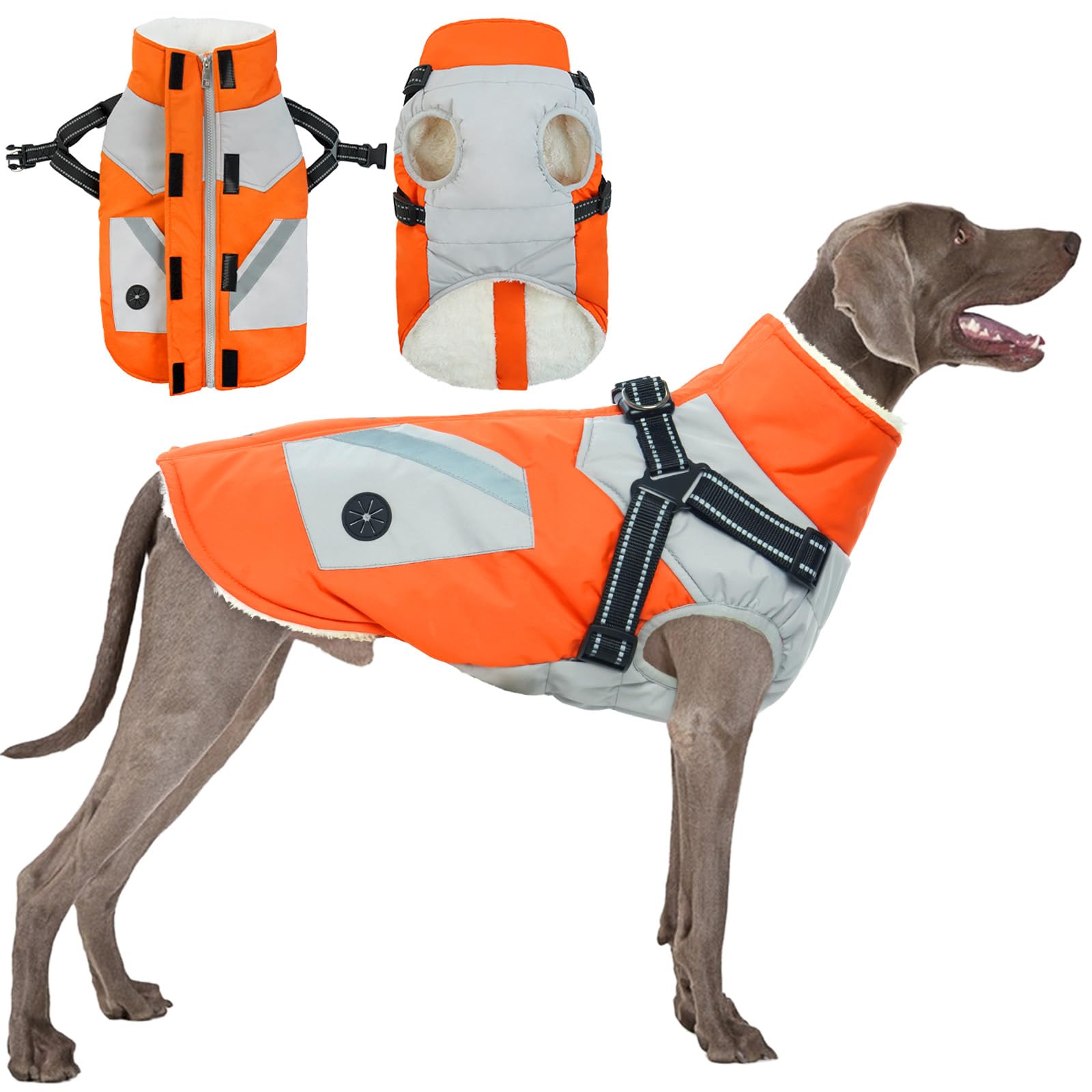 Giacca Impermeabile per Cani, Cappotto per Cani Caldo Inverno Giacca Cani Antivento con Imbracatura Cappotto Neve Cane Gilet Pile Cuccioli Regolabile(Arancione, 2XL)