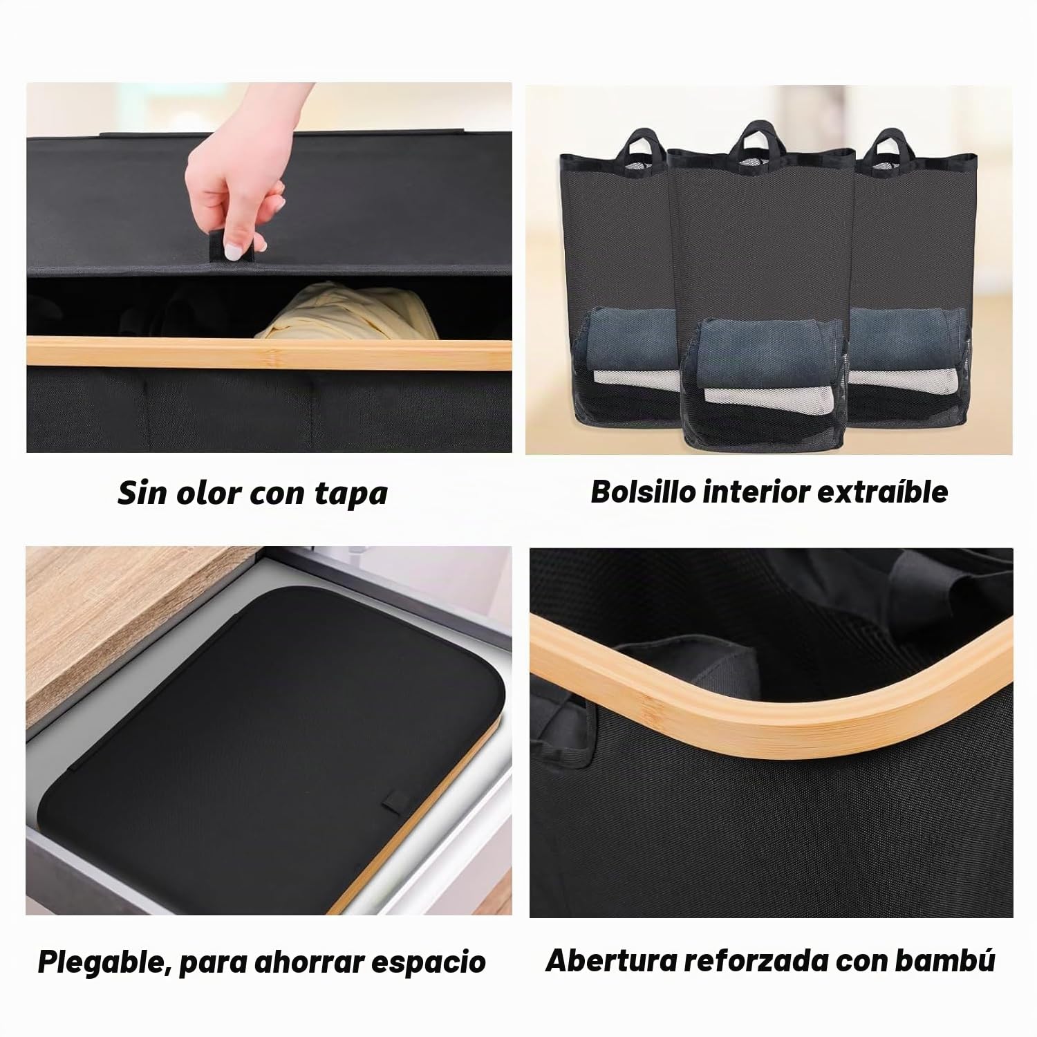 Cesto para la Colada con Tapa 160L,Cesto de Ropa Sucia con 3 Compartimentos,Cesta de Ropa Sucia Plegable y Bolsa Extraíble para Dormitorio,Baño,Lavadero