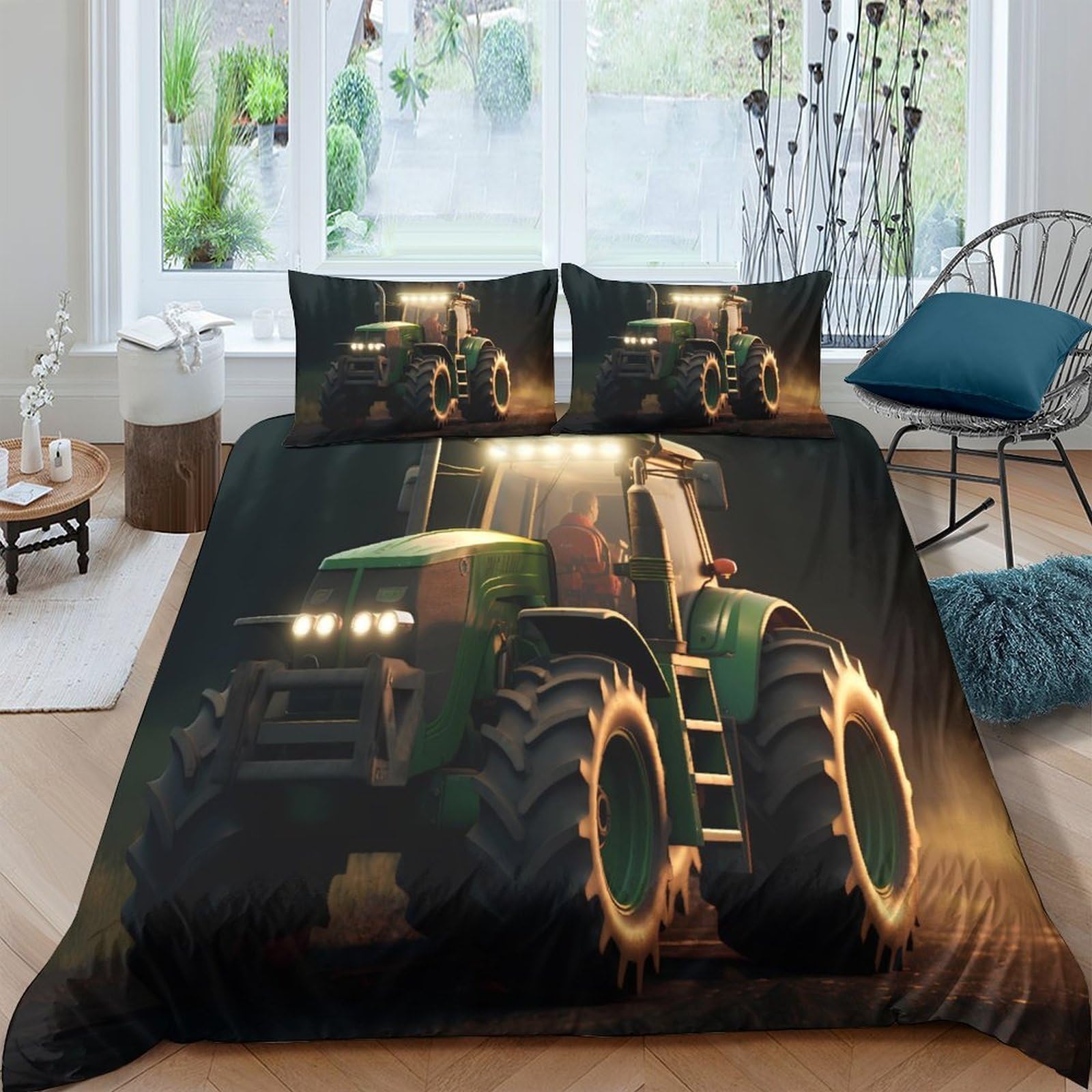 GPLZQXKJNH 3D Printed Green Tractor Duvet Cover Microfiber Soft Breathable Farm Machinery Bedding Set with 2 Pillowcases for Bedroom Home Decor Single（135x200cm）