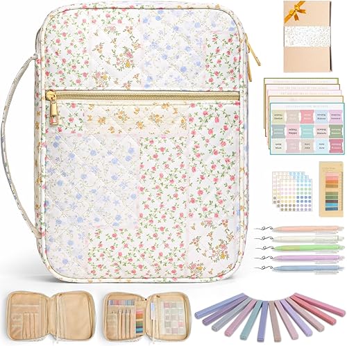 Bible Cover Case for Women Girls: Christian Mothers Day Gifts for Mom Large Quilted Bible Bag with Multi Pockets 26Pcs Study Supplies Journaling Kit, Floral Print Durable Book Carrying Organizer