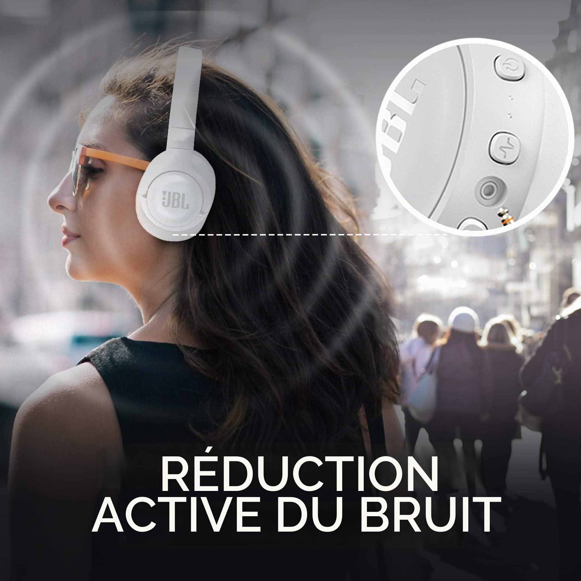 JBL Tune750BTNC – Casque circum-auriculaire sans fil à réduction de bruit active – Écouteurs Bluetooth compatibles avec Siri, Google Now et Alexa – Autonomie jusqu'à 15 heures – Blanc