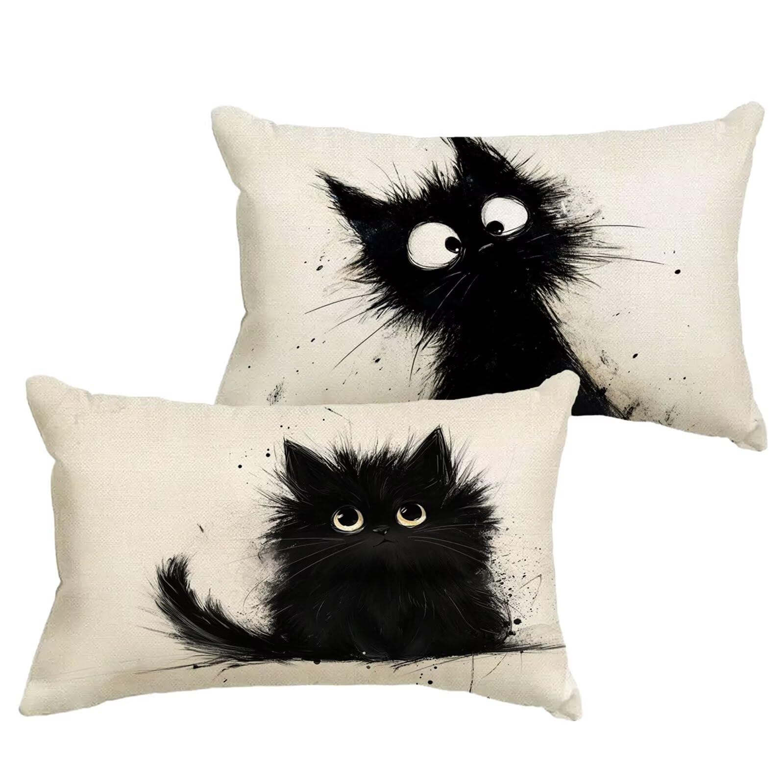 2er Set Katze Outdoor Kissen Schwarz Kissenbezug 80x100 cm Groß wasserdichte Leinen Dekokissen mit Unsichtbarer Reißverschluss, Wohndeko für Garten, Balkon, Outdoor/Indoor Sofa, Bank, Bett 1B-620