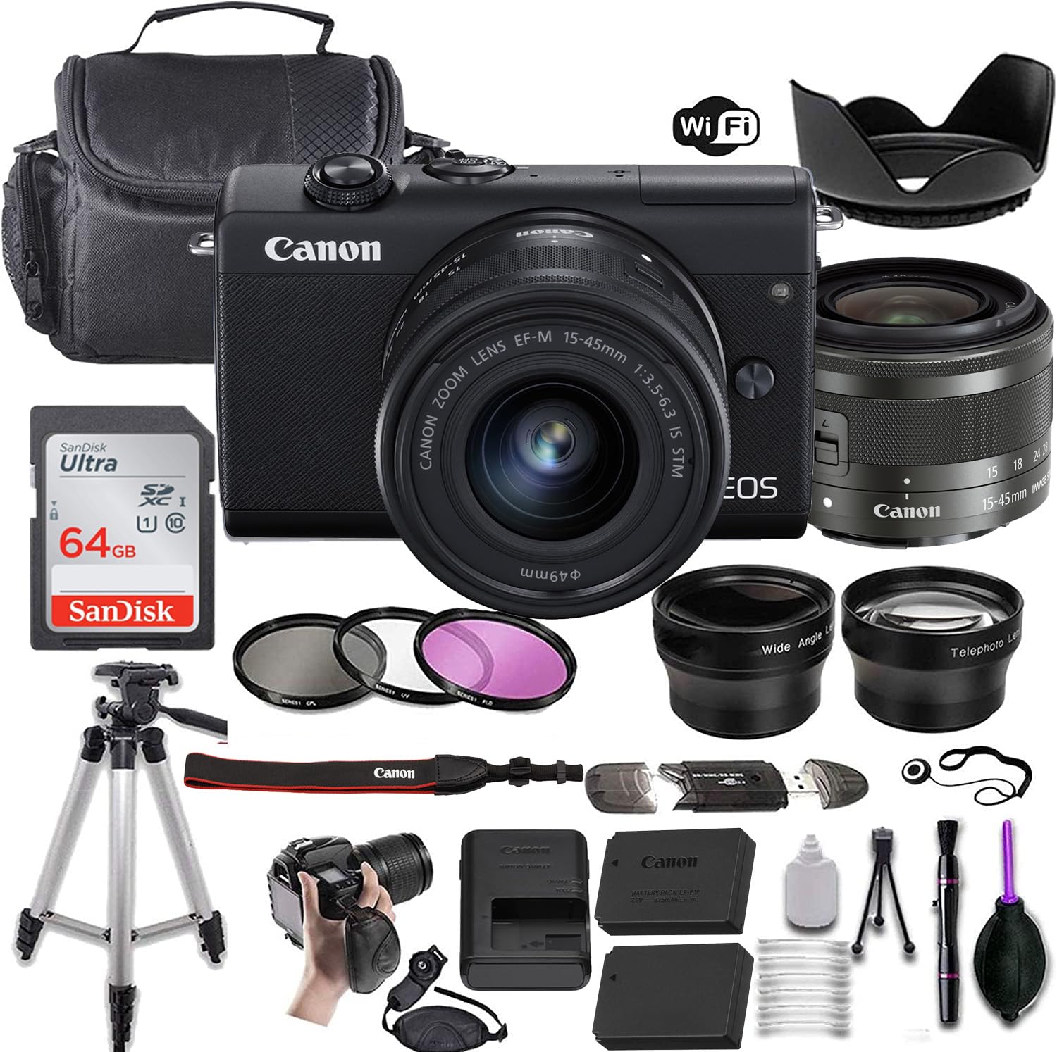 Canon EOS M200 Mirrorless Digital Camera (Black) w/EF-M 15-45mm f/3.5-6.3 is STM + Wide-Angle and Telephoto Lenses + Portable Tripod + 64GB Memory Card + Deluxe Accessory Bundle