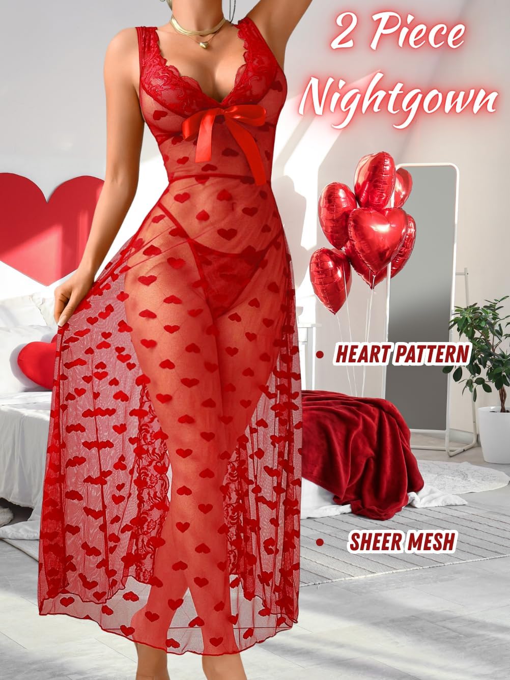 EHSUYAB Women Sexy Lingerie Dress With Slit, Heart Bow Floral Lace Valentines Gift, G String Sheer Mesh Long Nightgown Exotic