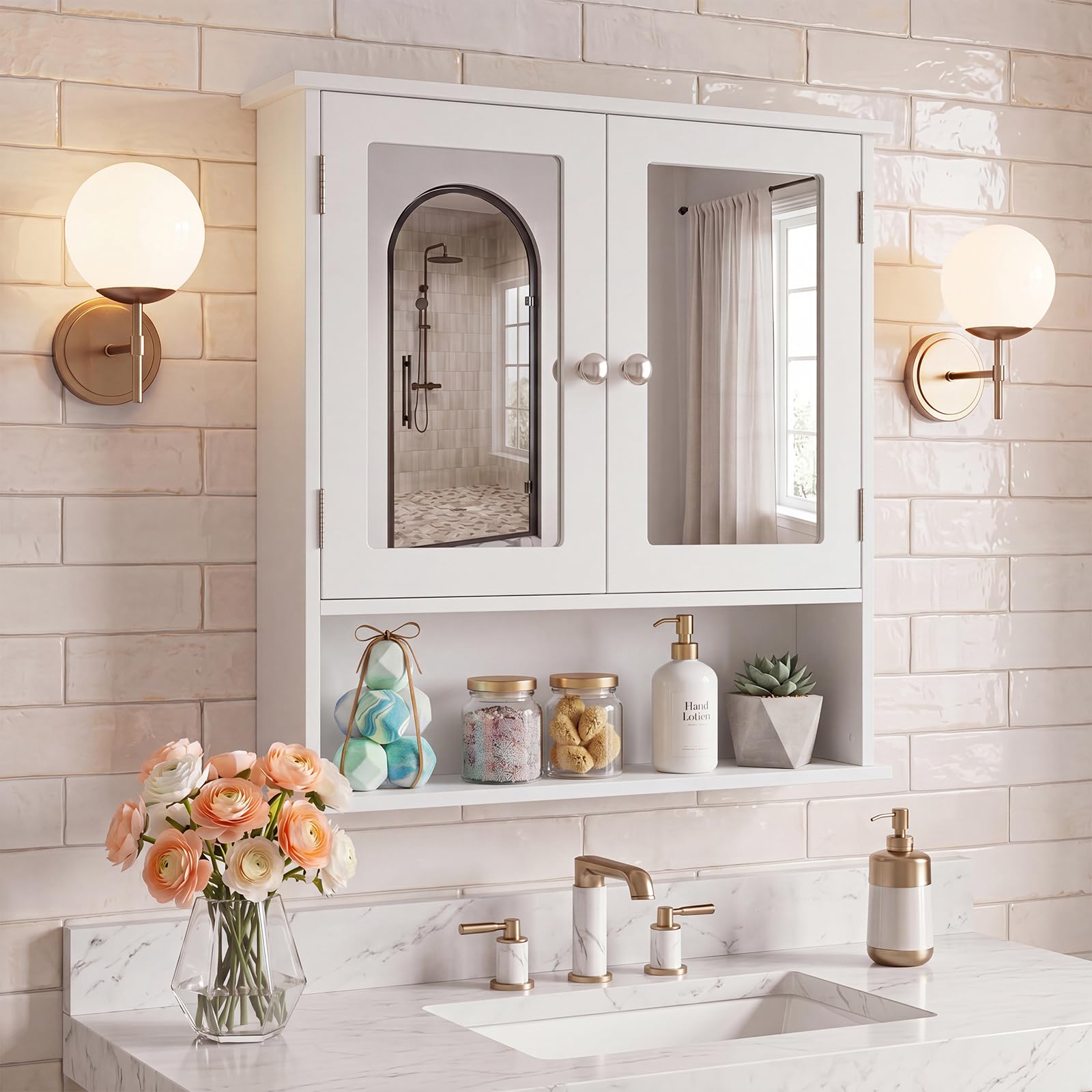 GIANTEX Moderno Armadietto da Bagno con Specchio (Bianco) | Mensola Regolabile e Scomparto Aperto, Mobile Salvaspazio per Bagno, Soggiorno, Ingresso
