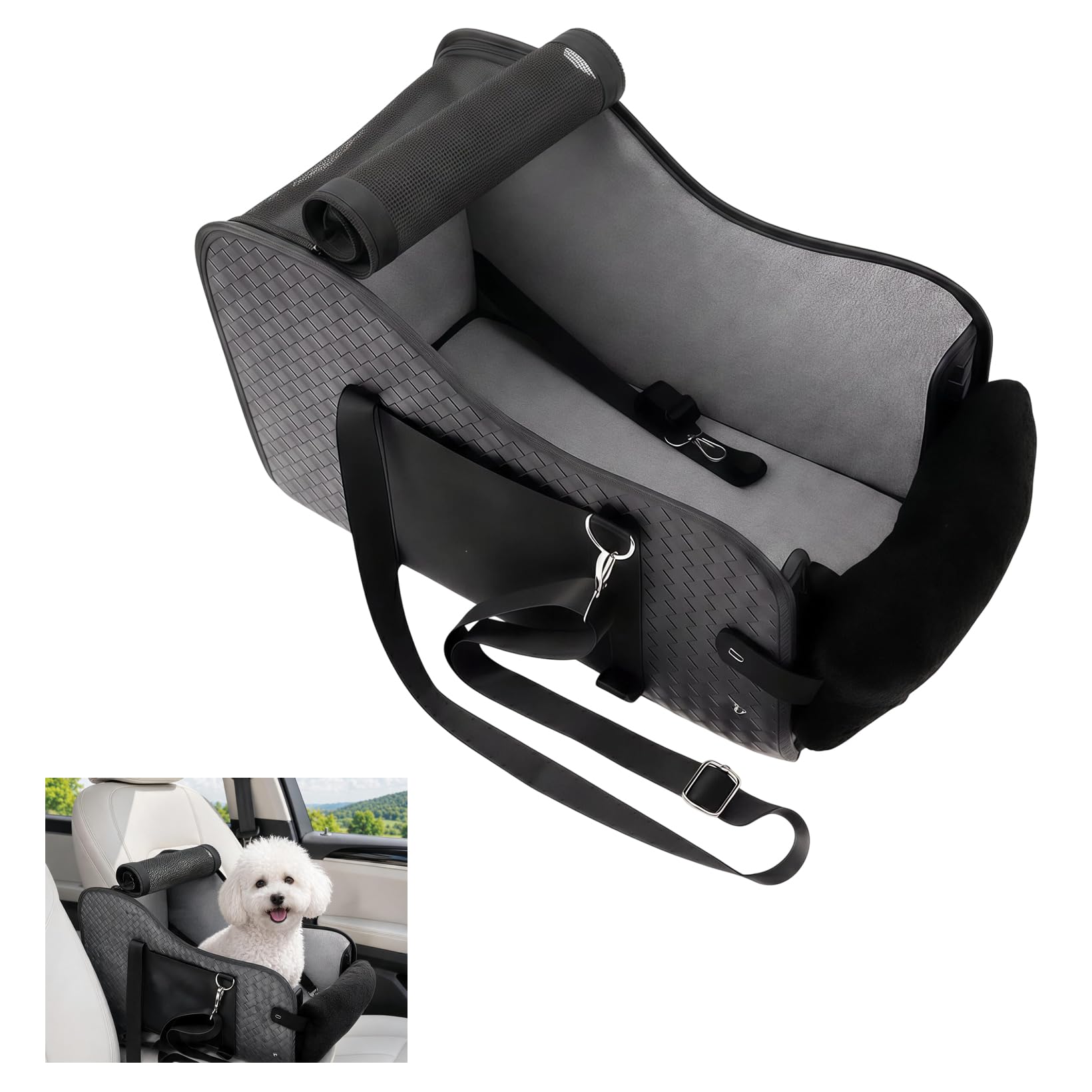 Siège auto pour petits chiens et chats, console centrale pliable, siège pour animal domestique avec double fixation et ceinture de sécurité, poches latérales max 7 kg, convient à 99 % des accoudoirs