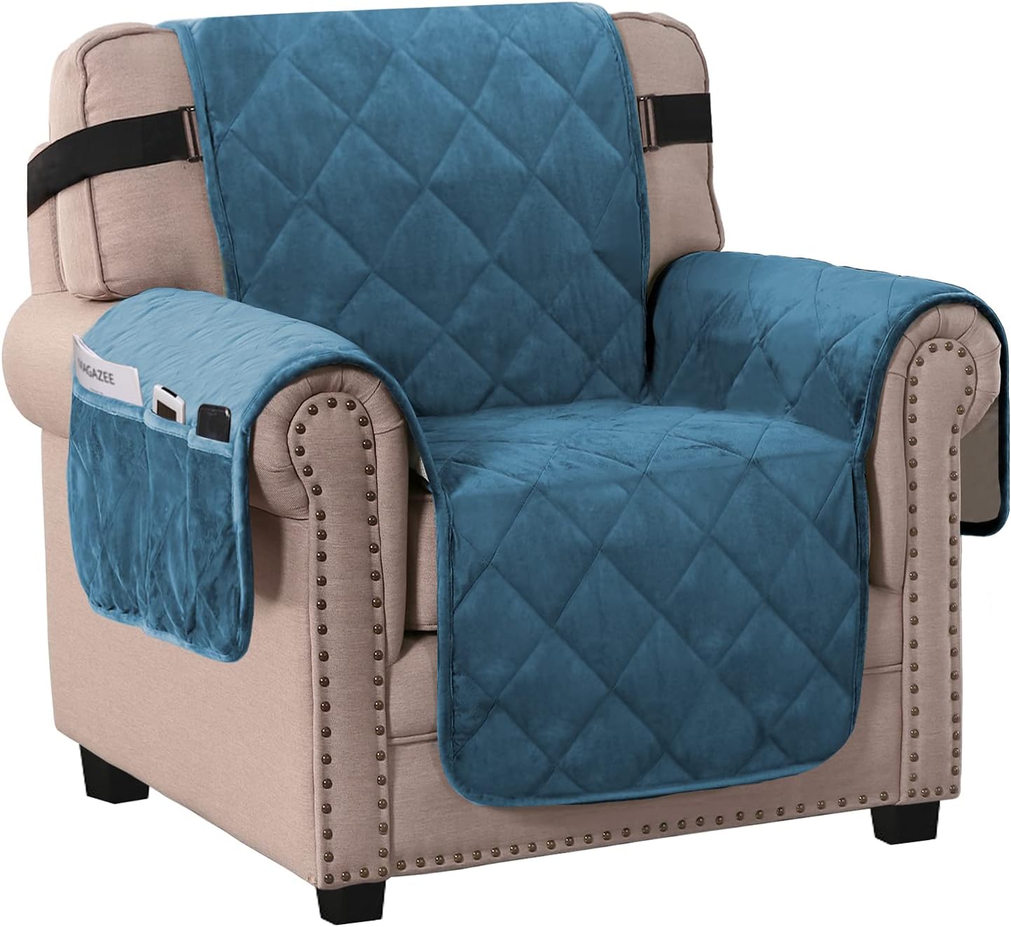 H.VERSAILTEX Thick Velvet Armchair Cover Couch Covers 1 Cushion Armchair Slipcover for Living Room Protector from Pets Dogs, Two Non-Slip Elastic Straps on Back and Base (Armchair 23", Peacock Blue)