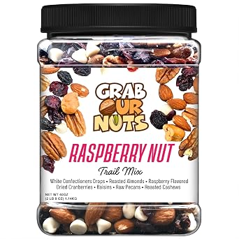 Grab Our Nuts Raspberry Nut Trail Mix 40 Ounce Jar White Confectioners Drops, Roasted Almonds, Raspberry Flavored Dried Cranberries, Raisins, Raw Pecans, Roasted Cashews