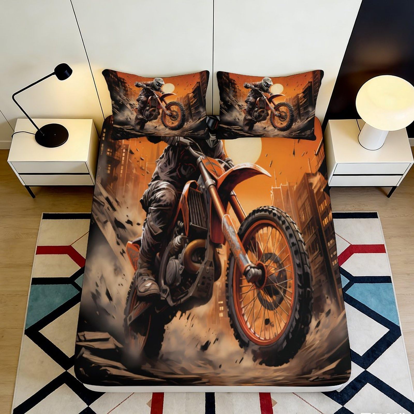 3D Printed Off-Road Motorbike Fitted Sheet Microfiber Deep Pocket Bedroom Bedding Set Motor Pattern Mattress Fitted Cover Washable for Adults Teens 200x200x25cm