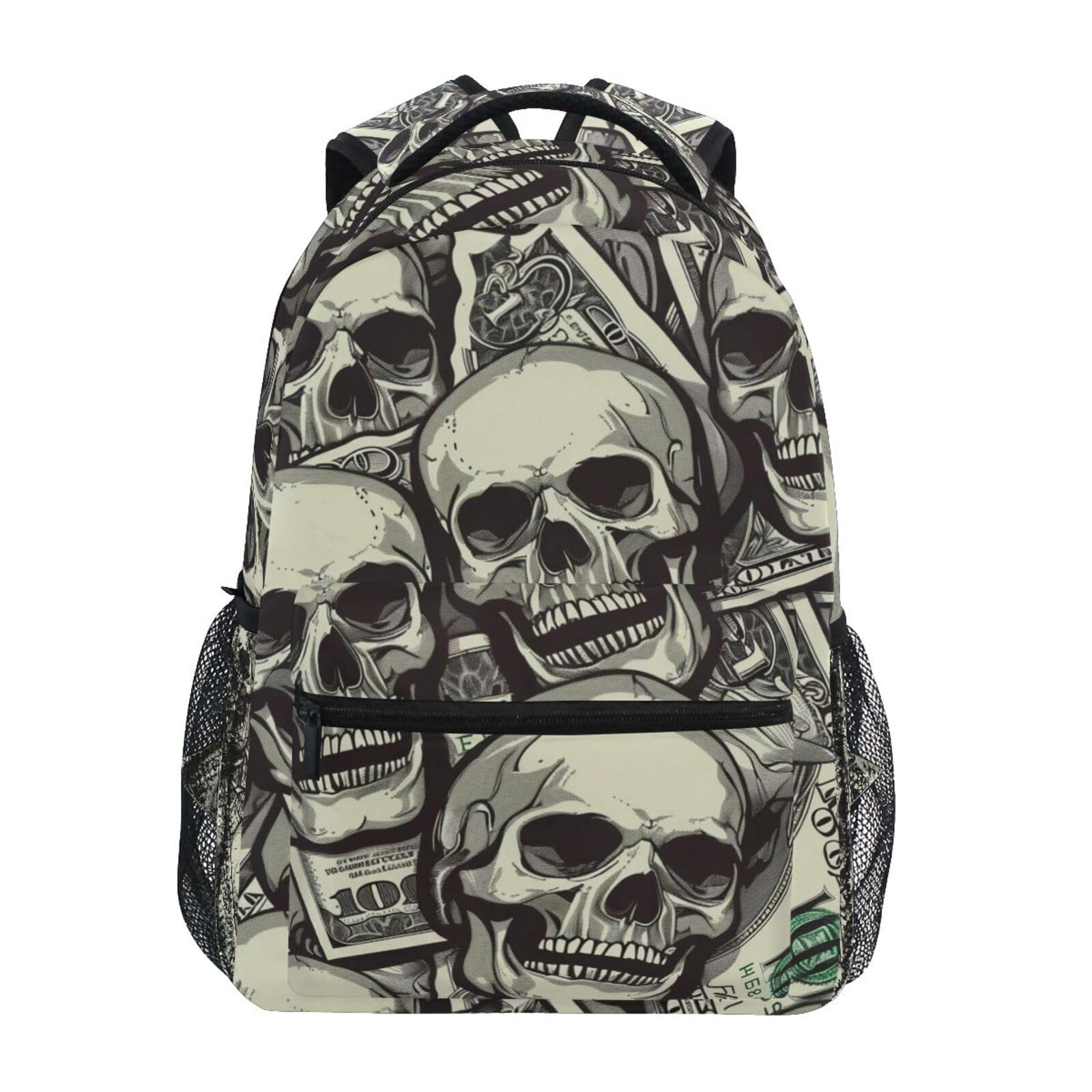 Qumton Skull Banknotes Laptop Backpack for Women Men, Personalized College Bookbag Travel Bag Casual Daypack back packs