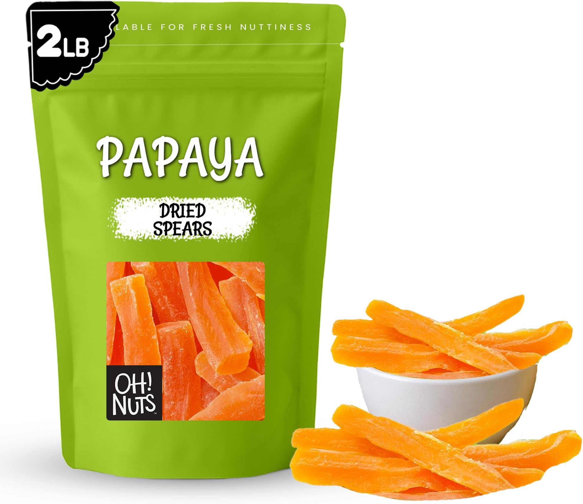 Oh! Nuts Dried Papaya Spears - 2 lb - Dried Fruit Spears - Less Sugar Added - Dehydrated Fruit Bites - Packed in New York Zip-Seal Bag for Exceptional Freshness
