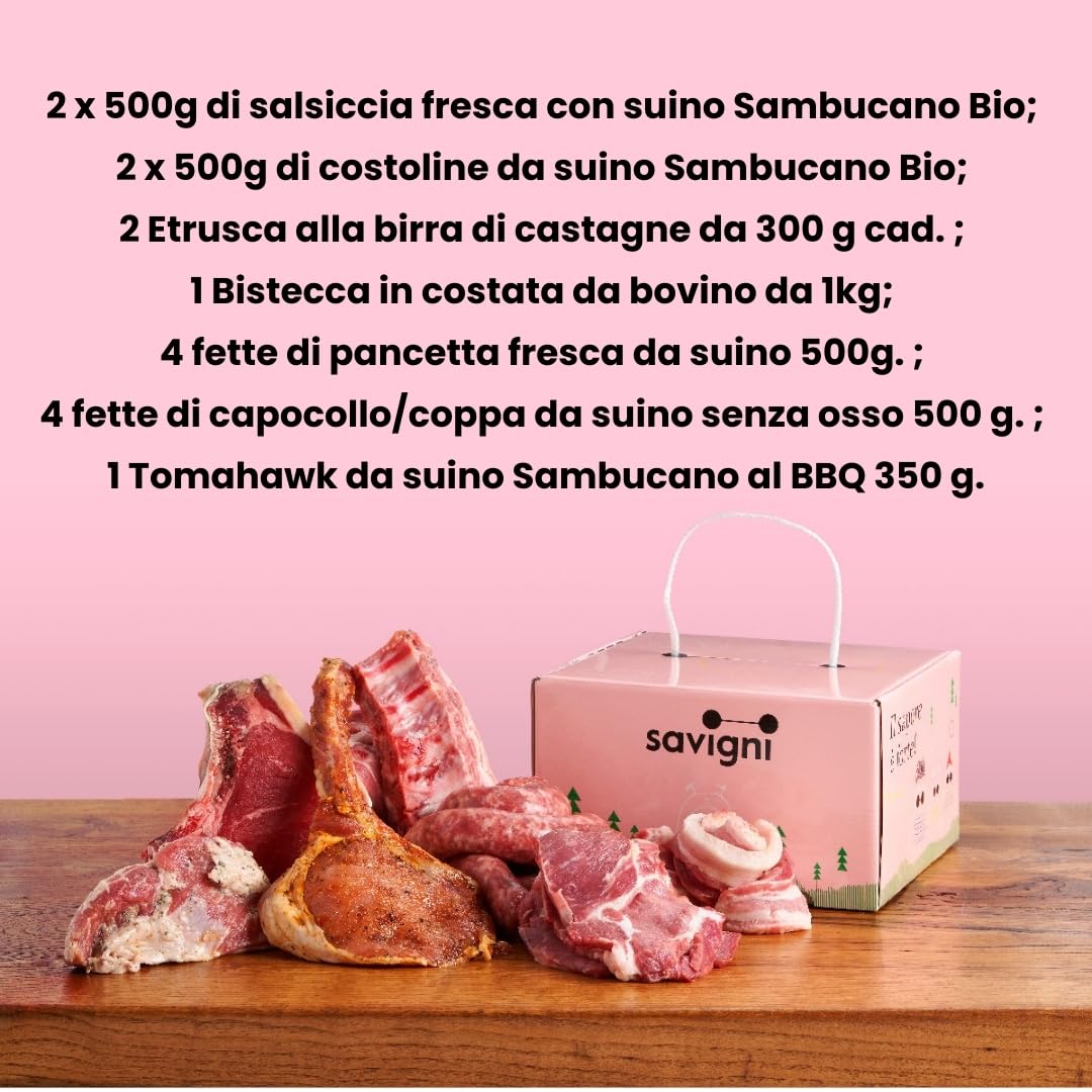 Kit BBQ per 6-8 persone - Box Idea Regalo | Macelleria Savigni | Senza Glutine E Senza Lattosio | Tomahawk da suino, Etrusca, Bistecca in costata da bovino, Capocollo/coppa, Salsiccia