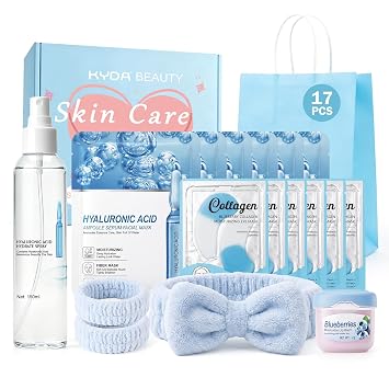 17 Pack Hydrating Skincare Kit, Hyaluronuic Acid Skin Care Set for Women | Include Face Masks Under Eye Patches Moisturizing Mist Lip Mask Headband Wristband, SPA & Sleepy, Travel Szie