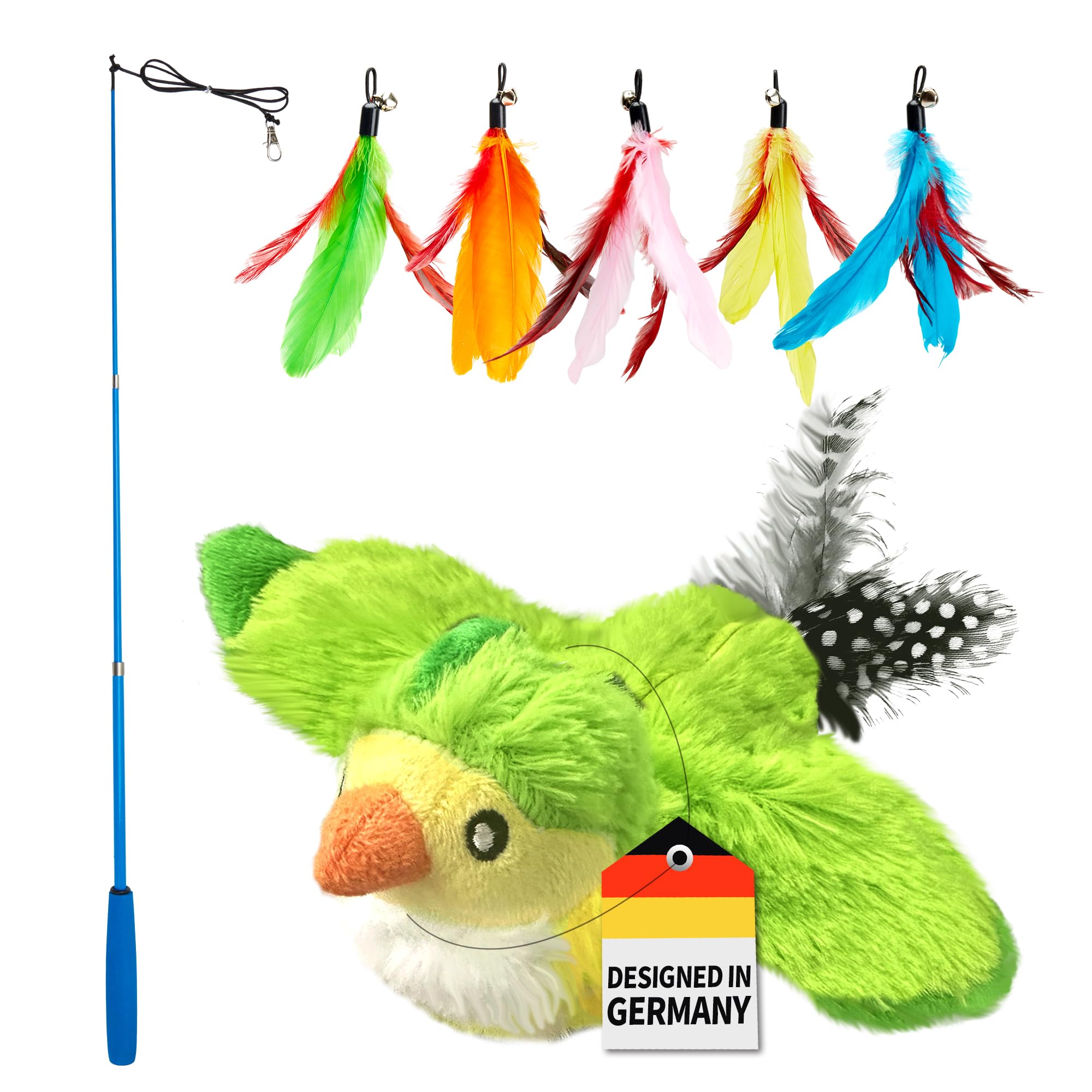 Toozey Interaktives Katzenspielzeug Elektrisch Set, Katzenspielzeug Vogel zur Selbstbeschäftigung - Realistischem Zwitschern & Bewegung, Katzenangel mit 5 Federn, mit Katzenminze, wiederaufladbar