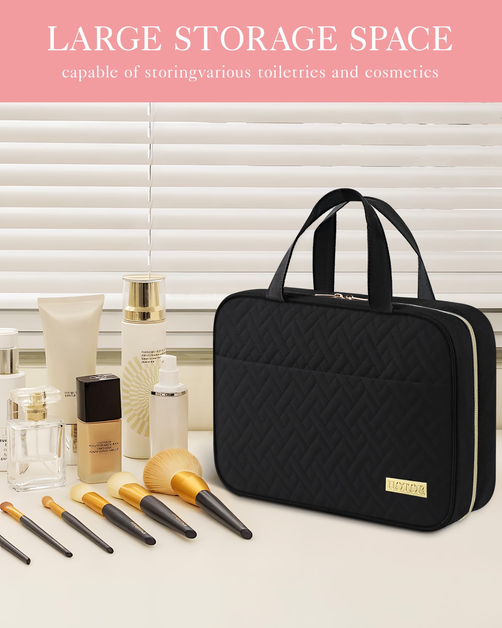 HOTOR Travel Toiletry Bag - Toiletry Bags for Women with Hanging Hook - Spacious Travel Bags for Women/Big Comparment, Makeup Bag Waterproof Travel Essentials, Black, 28.4 x 22.6 x 8.1 cm — view 2
