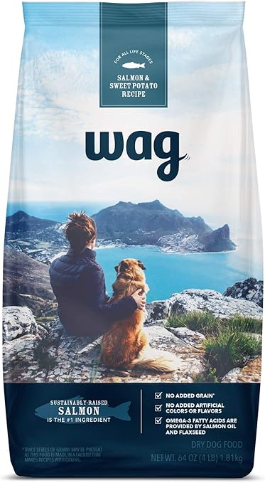 Amazoncom Amazon Brand Wag Dry Dog Food Salmon Sweet Potato No Added Grains 4 Lb Bag Pet Supplies