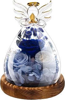 Gifts for Women Preserved Flowers Eternal Rose in Glass Angel Forever Flowers Real Cobalt Velvet Roses with LED Lights in Mother's Day Birthday Christmas Wedding Ceremony