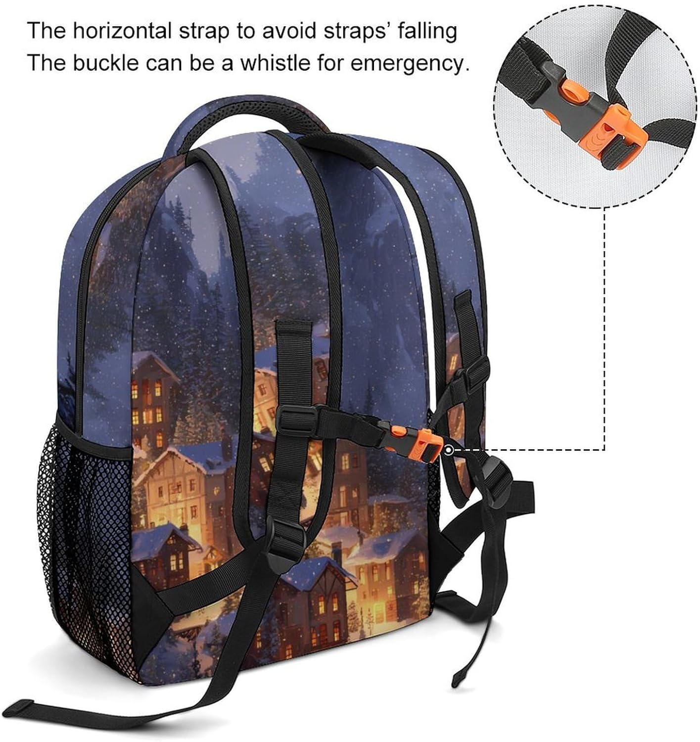 Village Snowy Mountain Warm Lights Unisex Backpack Casual Daypacks Lightweight Shoulders Bag for Camping Hiking Travel