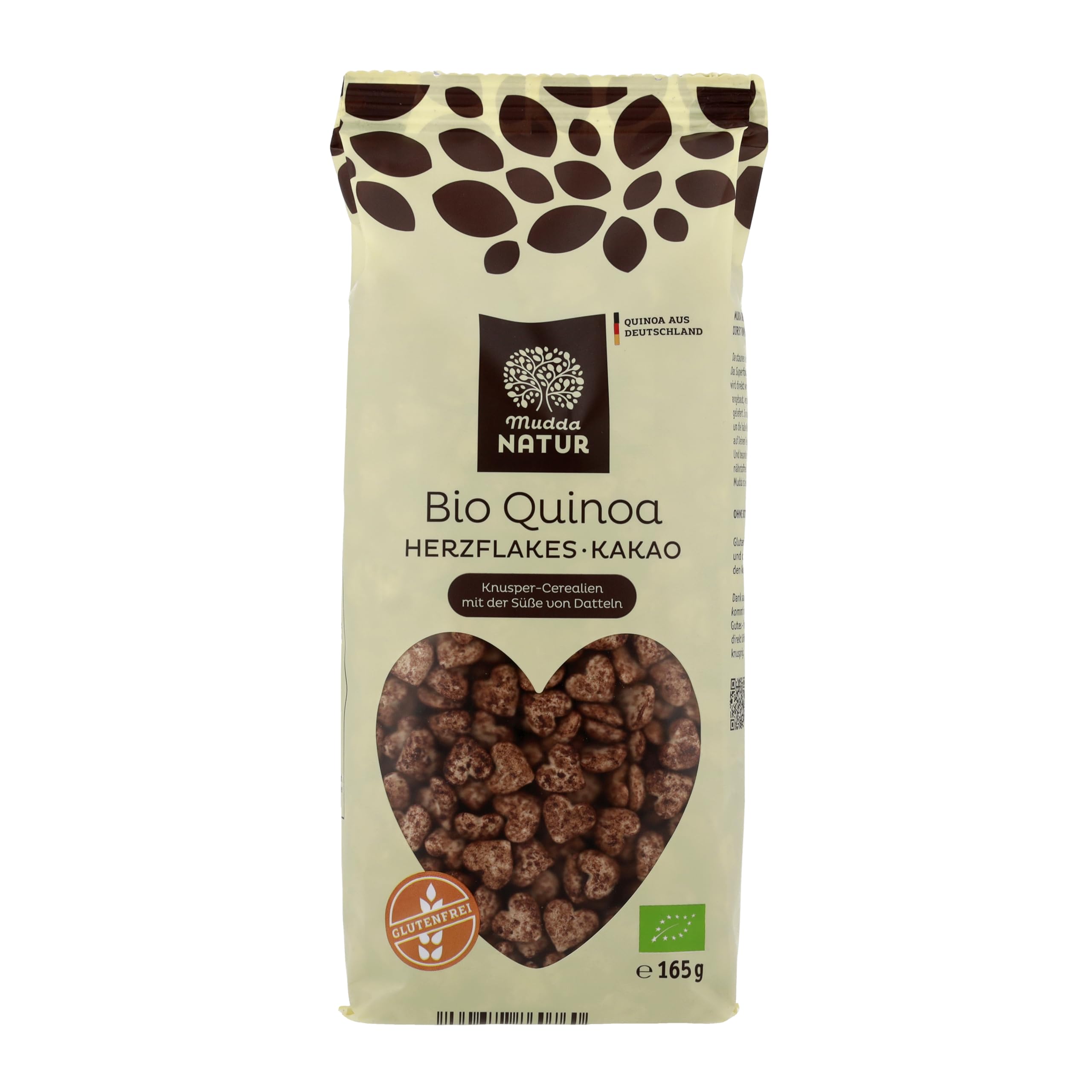 Mudda Natur Bio Quinoa Herzflakes Kakao 12x165g aus Deutschland | glutenfreie Bio Frühstücksflakes mit Kakao, natürlich mit Datteln gesüßt, vegan und knusprig