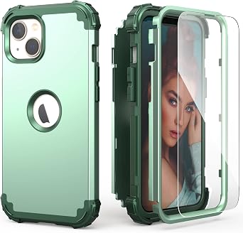 IDweel for iPhone 15 Case with Screen Protector,Luxury 3 in 1 Shockproof Slim Fit Hybrid Heavy Duty Protection Glitter Hard PC Cover Soft Silicone Bumper Full Body Case,Mint Green
