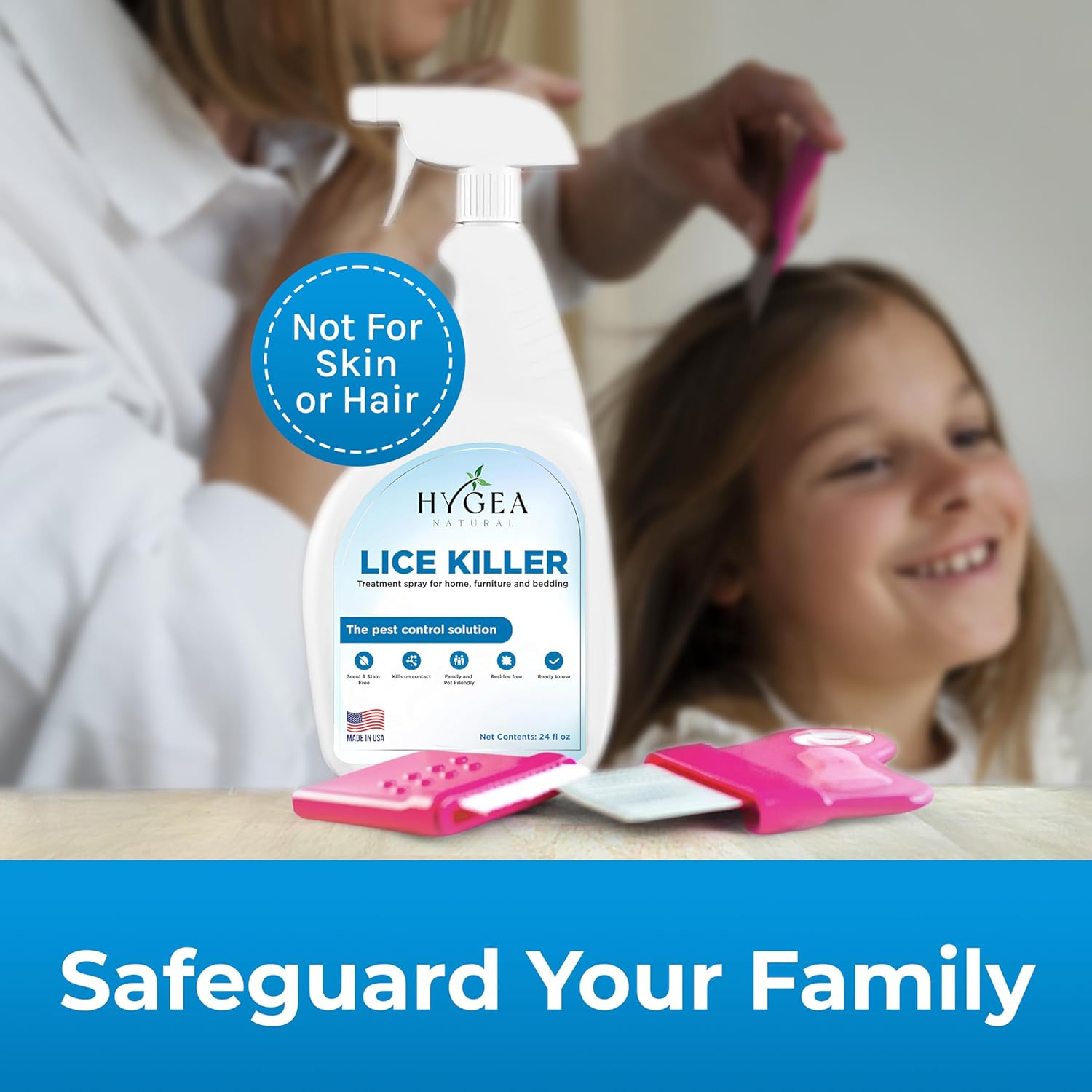 Hygea Natural Lice Treatment Bundle - Lice Spray (24oz) & Lice Treatment Comb - Natural Treatment for Head Lice & Stainless Steel Comb with Grooved Teeth for Nit Removal with 5X Magnifiying Glass