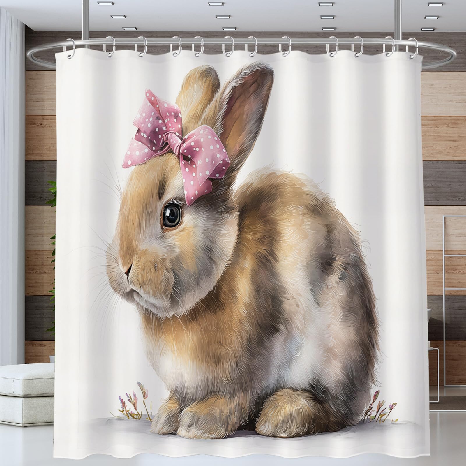 Lapin À Nœud Rideau De Douche, Animaux À L'Aquarelle Material Resistente Al Agua Durable Estampa Digital, Brun
