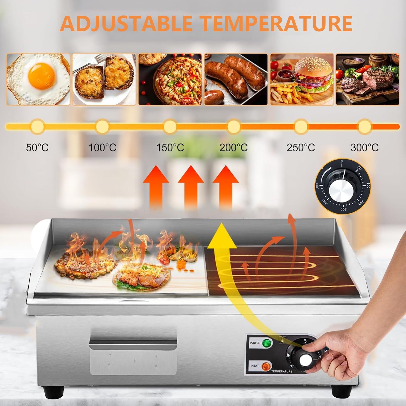 Piastra Elettrica Commerciale, Griglia Teppanyaki da 17", Griglia Elettrica A Piano Piatto da 2500w, Piastra Elettrica da Banco in Acciaio Inox, Piastra da Banco da 50-300℃