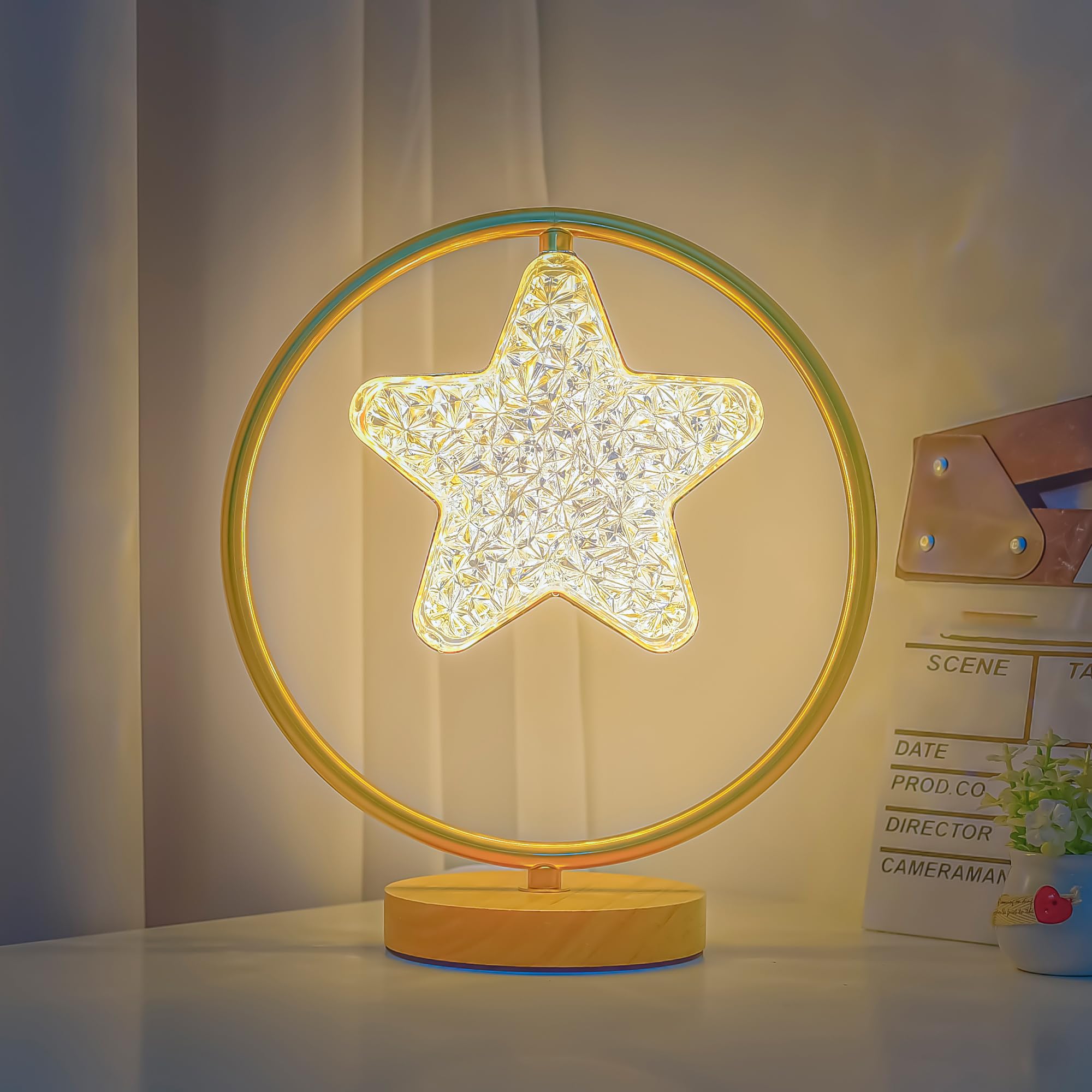 Kuber Industries Dimmable Bedroom Lamp for Side Table | Office & Desk Table Lamp for Living Room and Home with Acrylic Shade, Metal & Wooden Base | Natural Wooden Brown-Star-WH-T0013-1