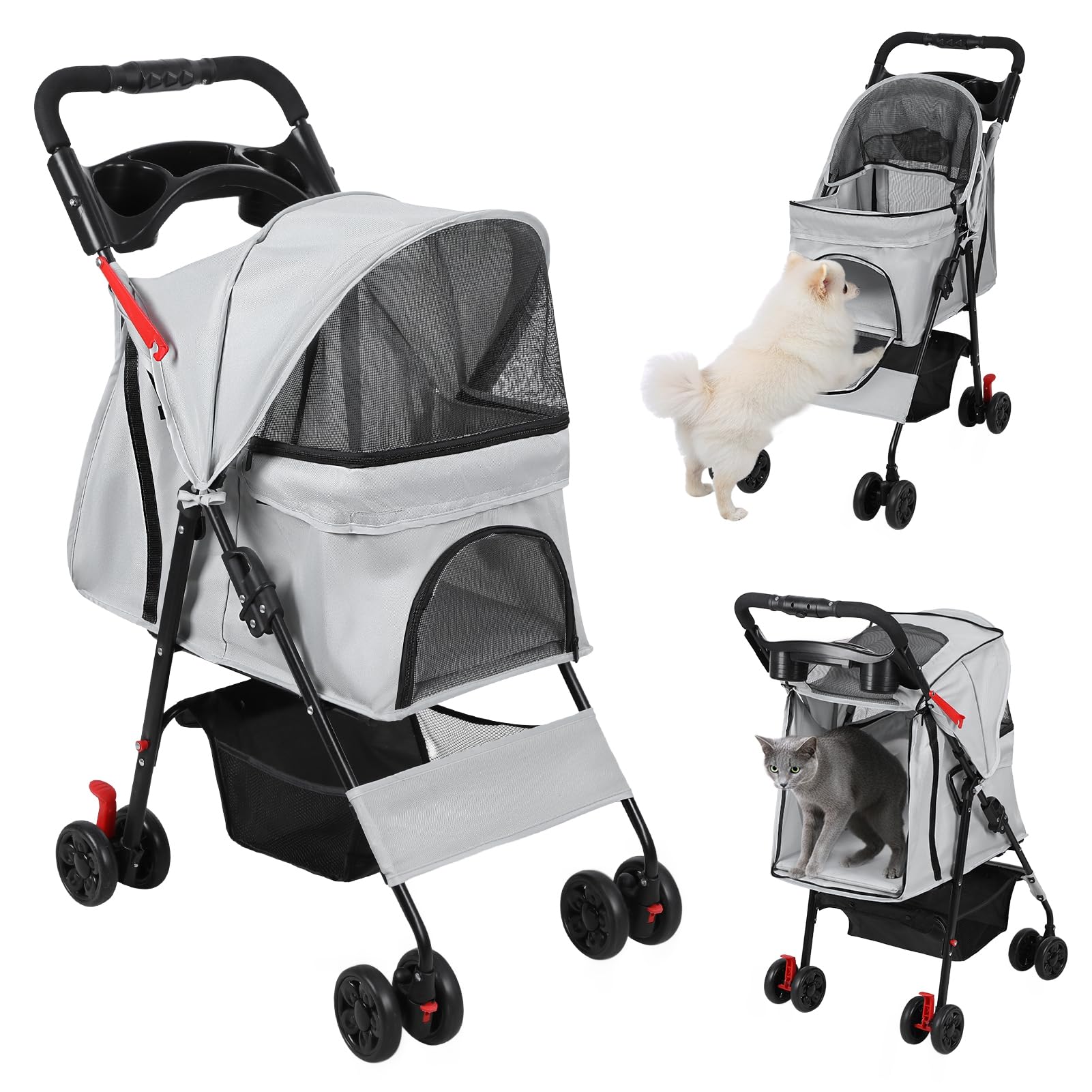 Poussette pliable pour chien jusqu'à 10 kg, poussette pour chien et chat avec fenêtres en filet, roues avant à 360°, freins arrière, ceinture de sécurité, porte-gobelet et panier de rangement, gris