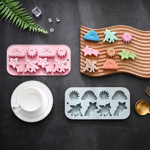 Miniatura 4 de Paquete de 2 moldes de silicona con temática de unicornio alado, 8 cavidades 3D arco iris, unicornio, sol, meteoros, herramientas de decoración para