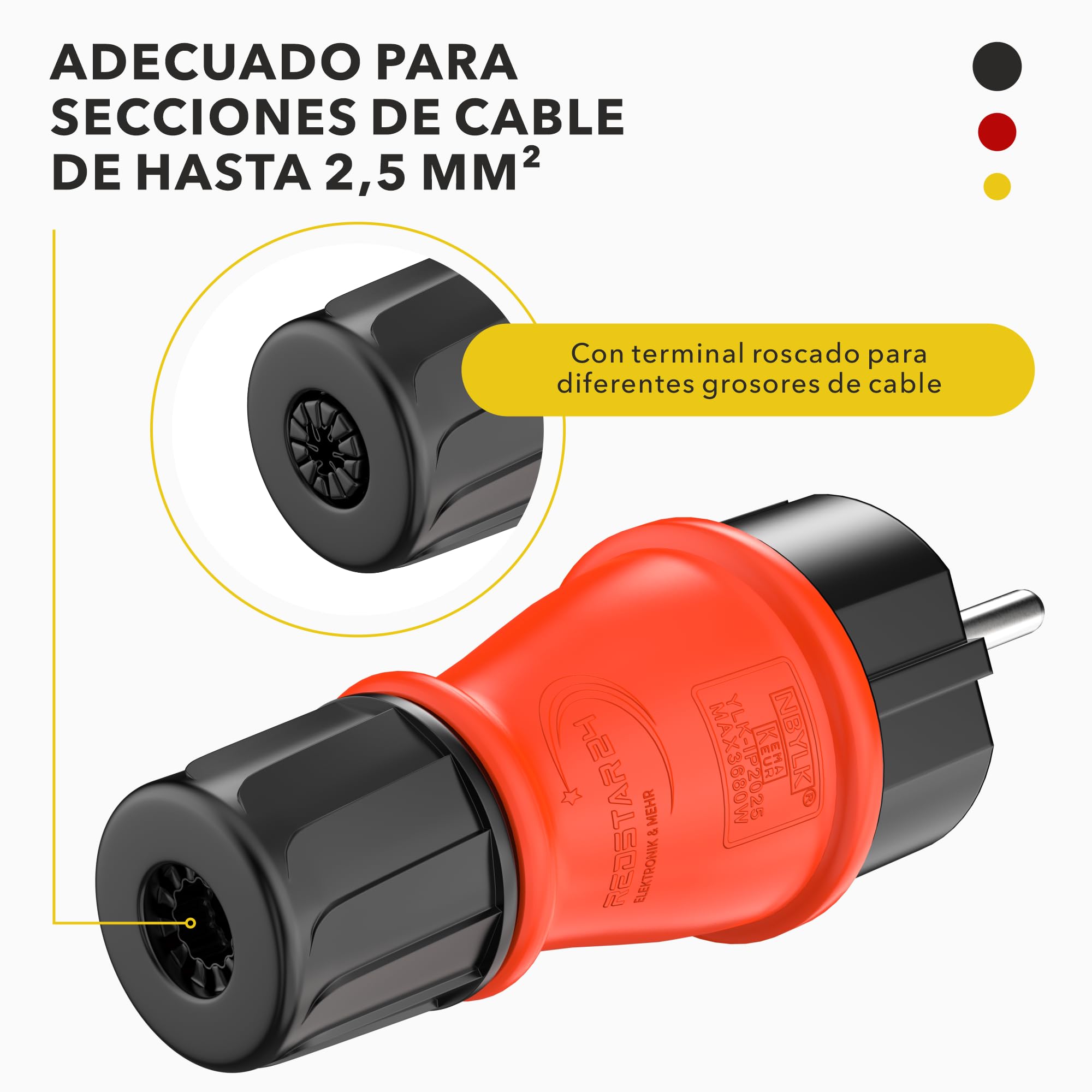 RedStar24 Enchufe Schuko 230V IP54 Set de 4 Conectores de protección robustos de goma y plástico, negro rojo | Diseño herméticamente sellado | Perfecto para exteriores | Conector eléctrico de 3 polos