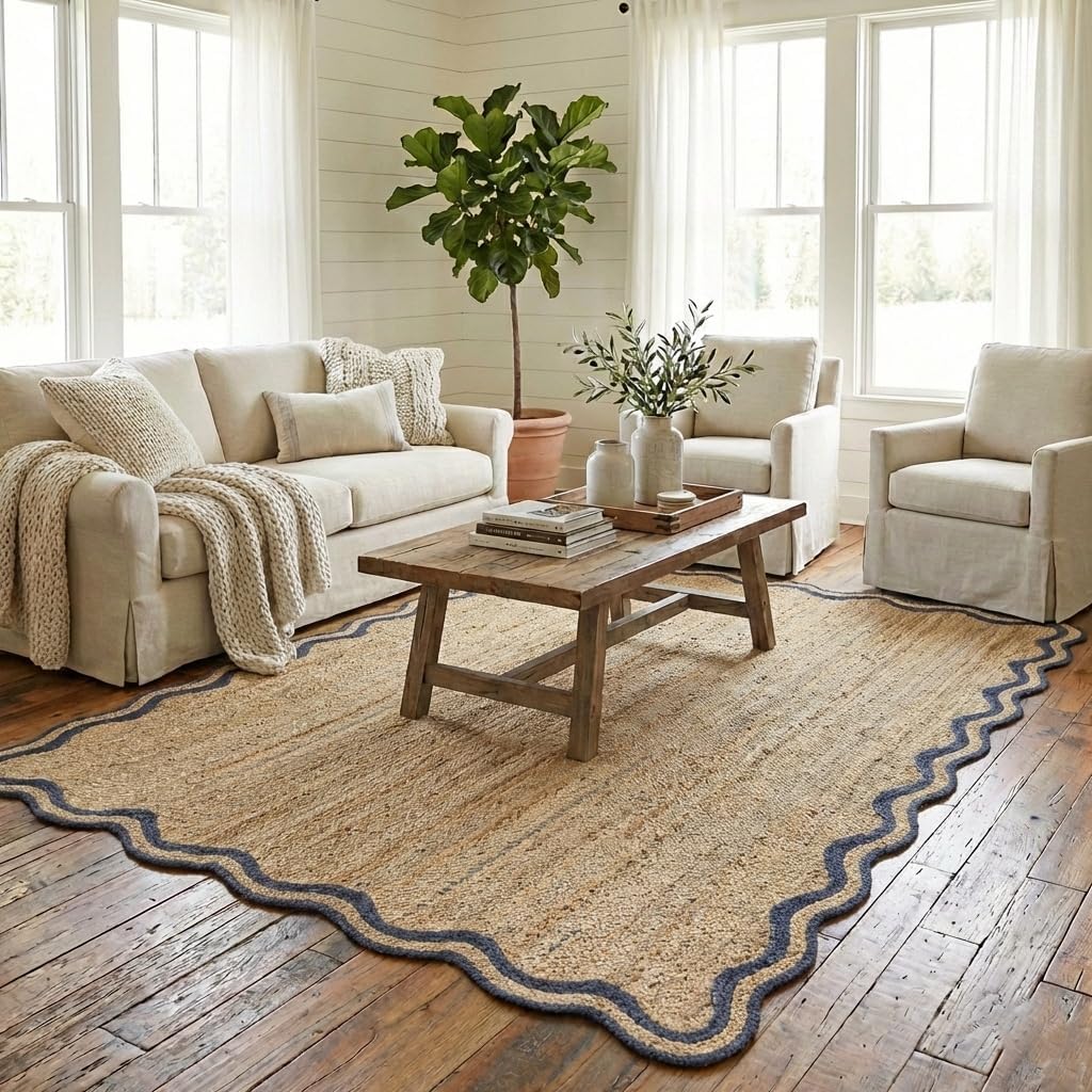 LR Home 8x10 Scalloped Natural Jute Indoor Area Rug for Home Decor | Classic Rugs for Bedroom, Living Room, Playroom, Entryway | Modern Farmhouse Boho Area Rug for Room Decor | Natural/Partridge